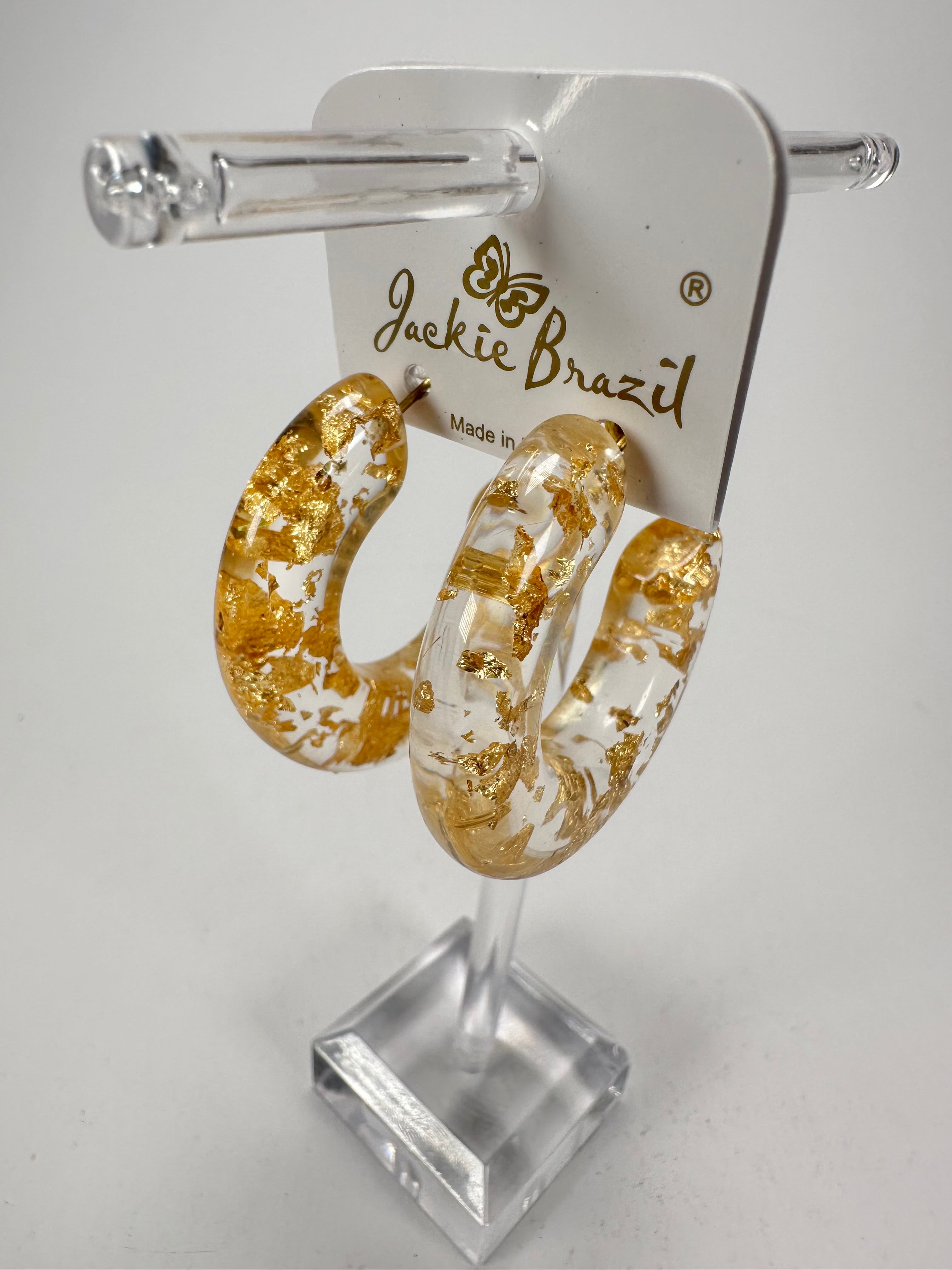 Jackie Brazil "Lucia" Gold Flakes Thick Half Hoop On Pin Resin Earrings ( E0035 )