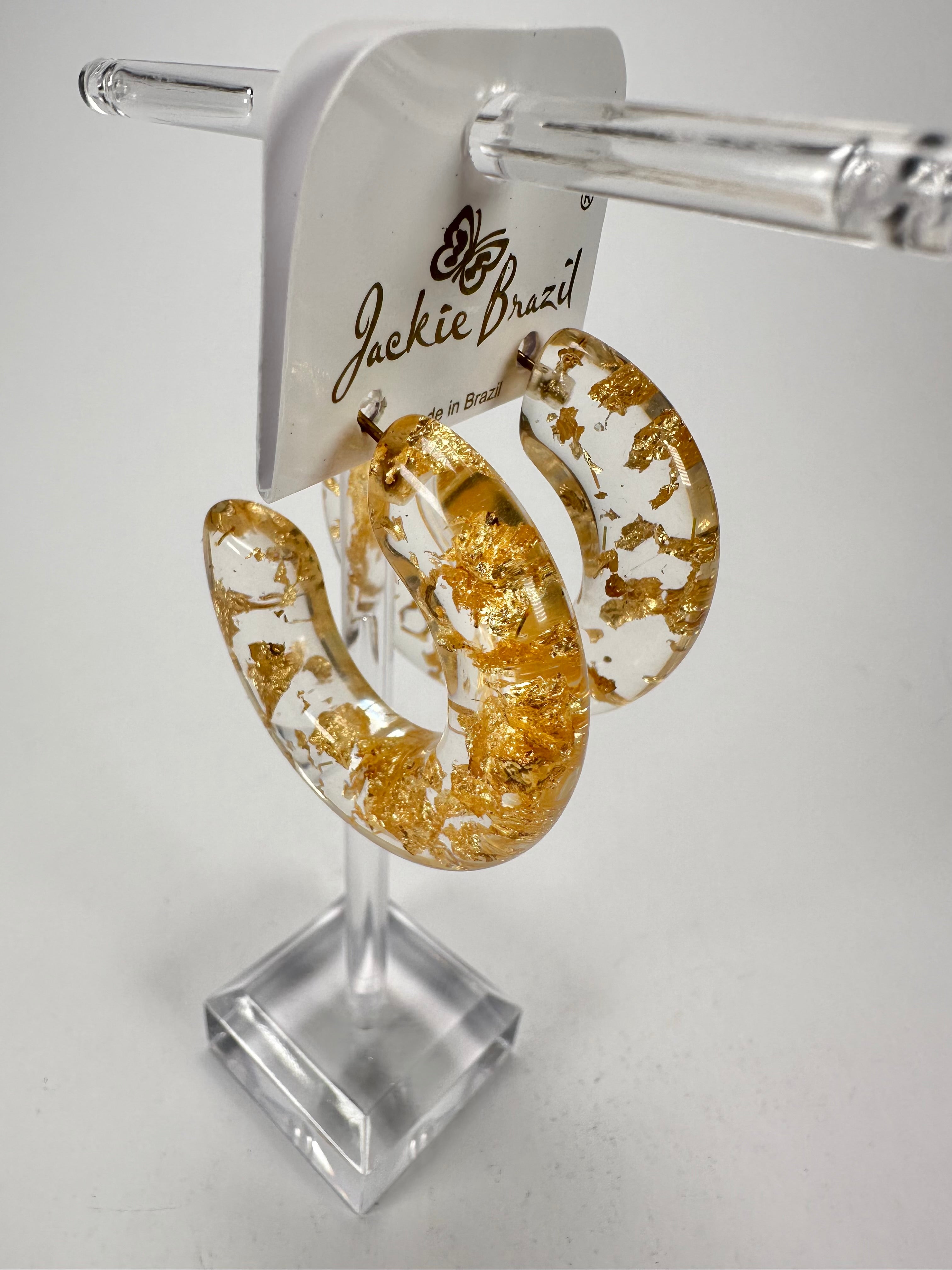 Jackie Brazil "Lucia" Gold Flakes Thick Half Hoop On Pin Resin Earrings ( E0035 )
