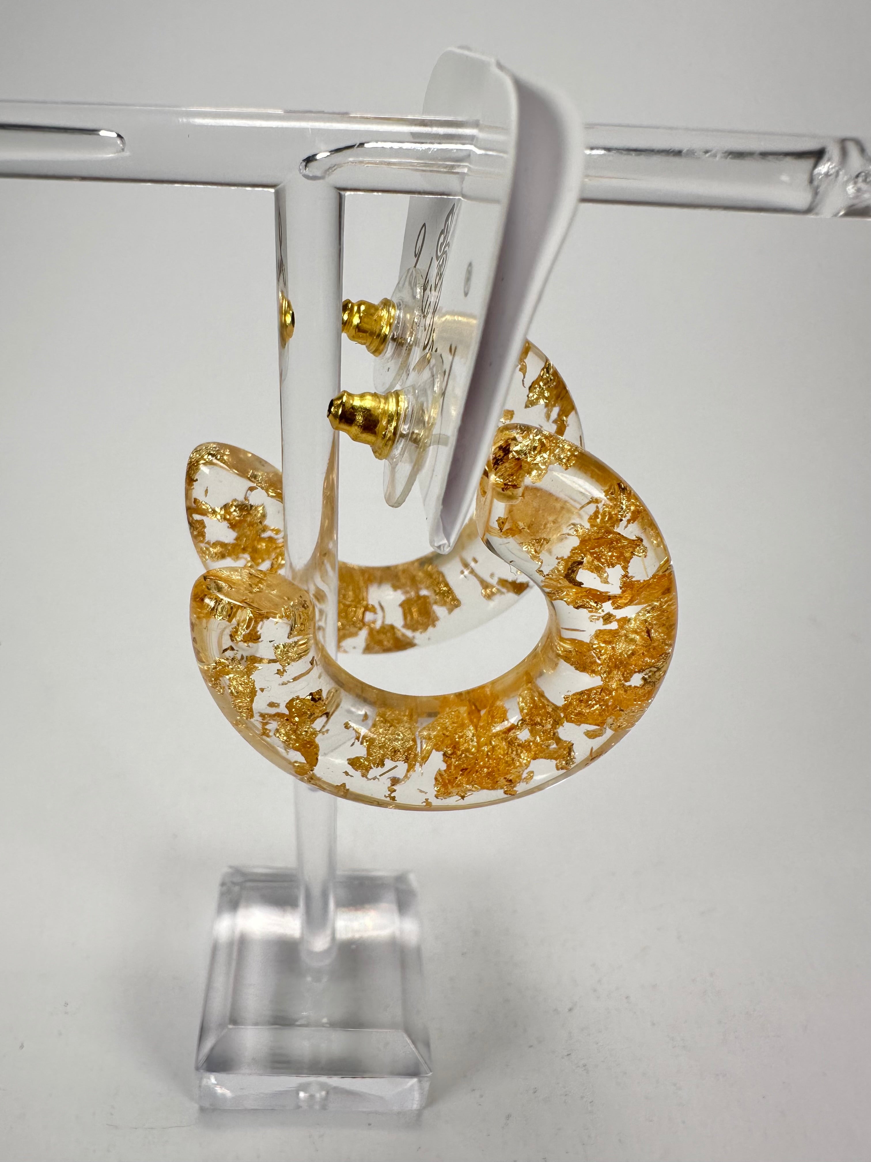 Jackie Brazil "Lucia" Gold Flakes Thick Half Hoop On Pin Resin Earrings ( E0035 )