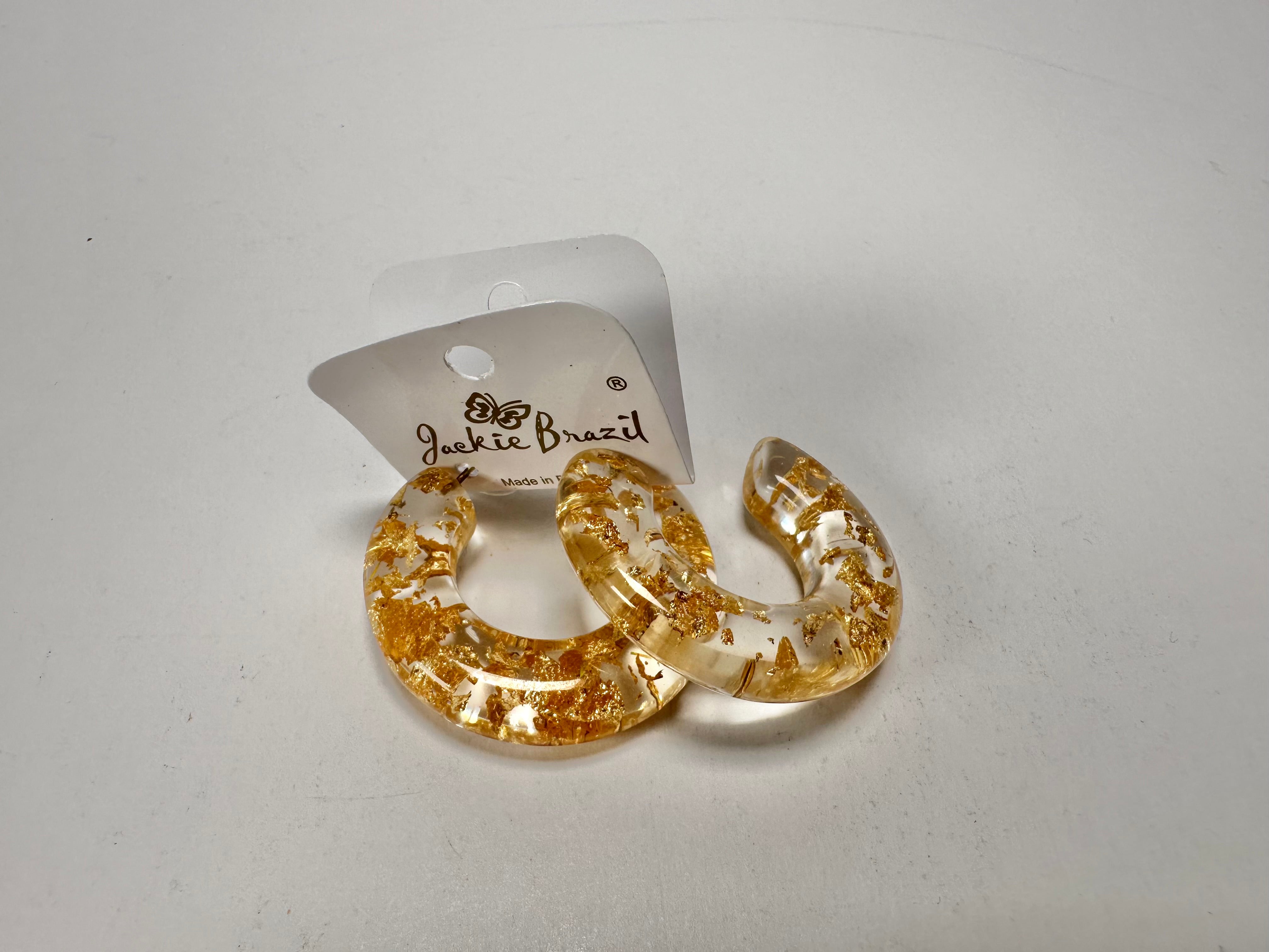 Jackie Brazil "Lucia" Gold Flakes Thick Half Hoop On Pin Resin Earrings ( E0035 )