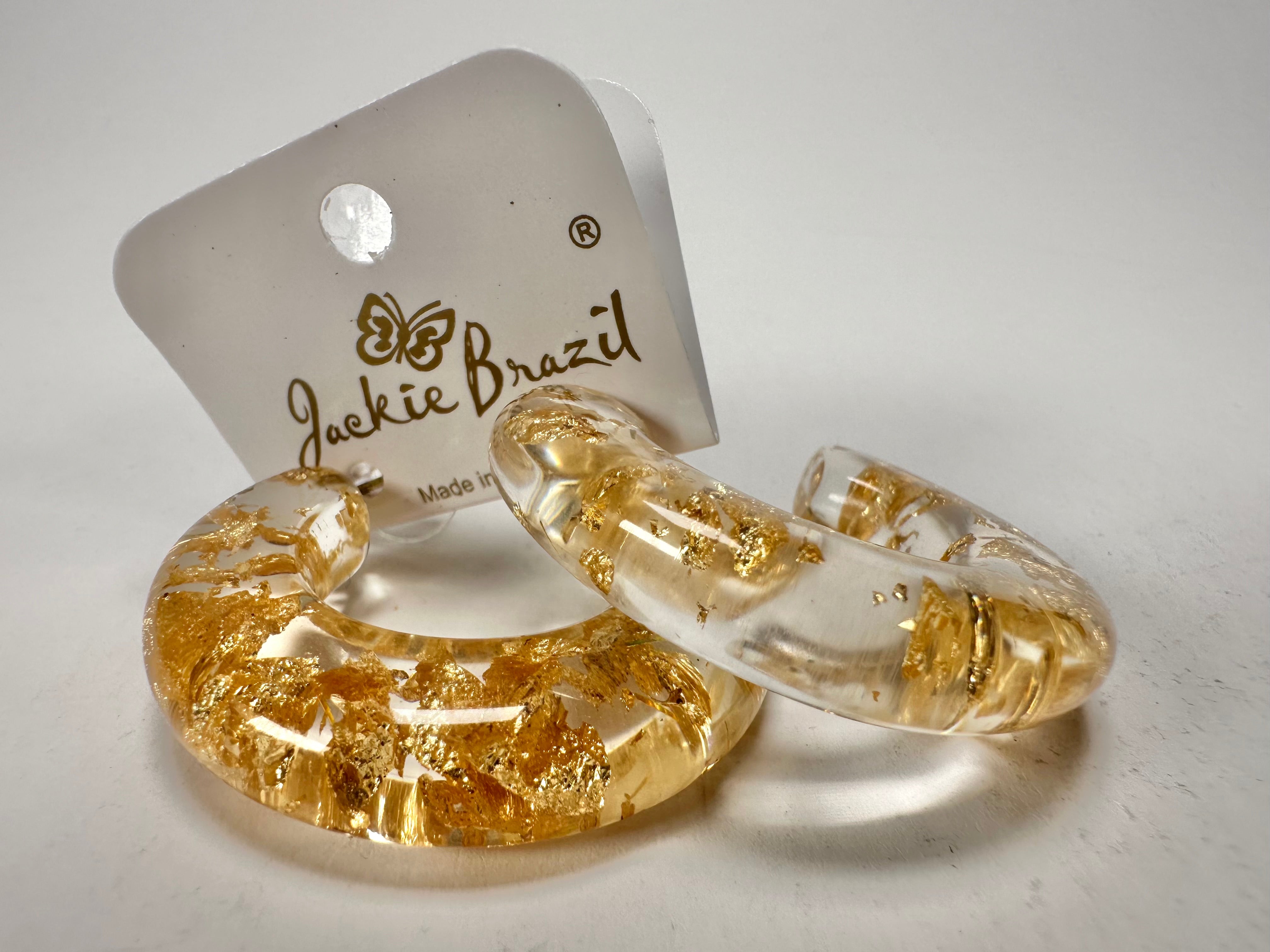Jackie Brazil "Lucia" Gold Flakes Thick Half Hoop On Pin Resin Earrings ( E0035 )