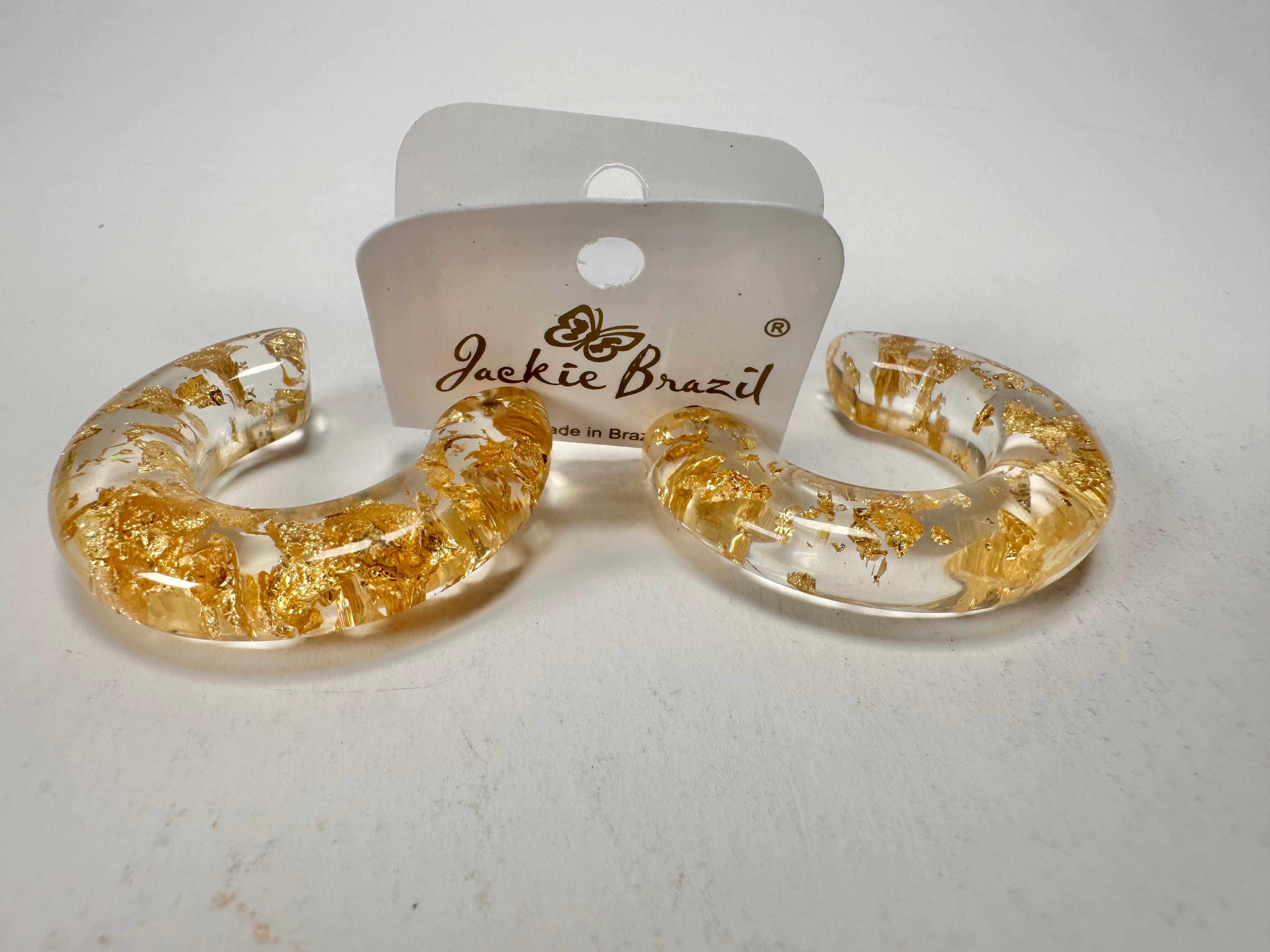 Jackie Brazil "Lucia" Gold Flakes Thick Half Hoop On Pin Resin Earrings ( E0035 )