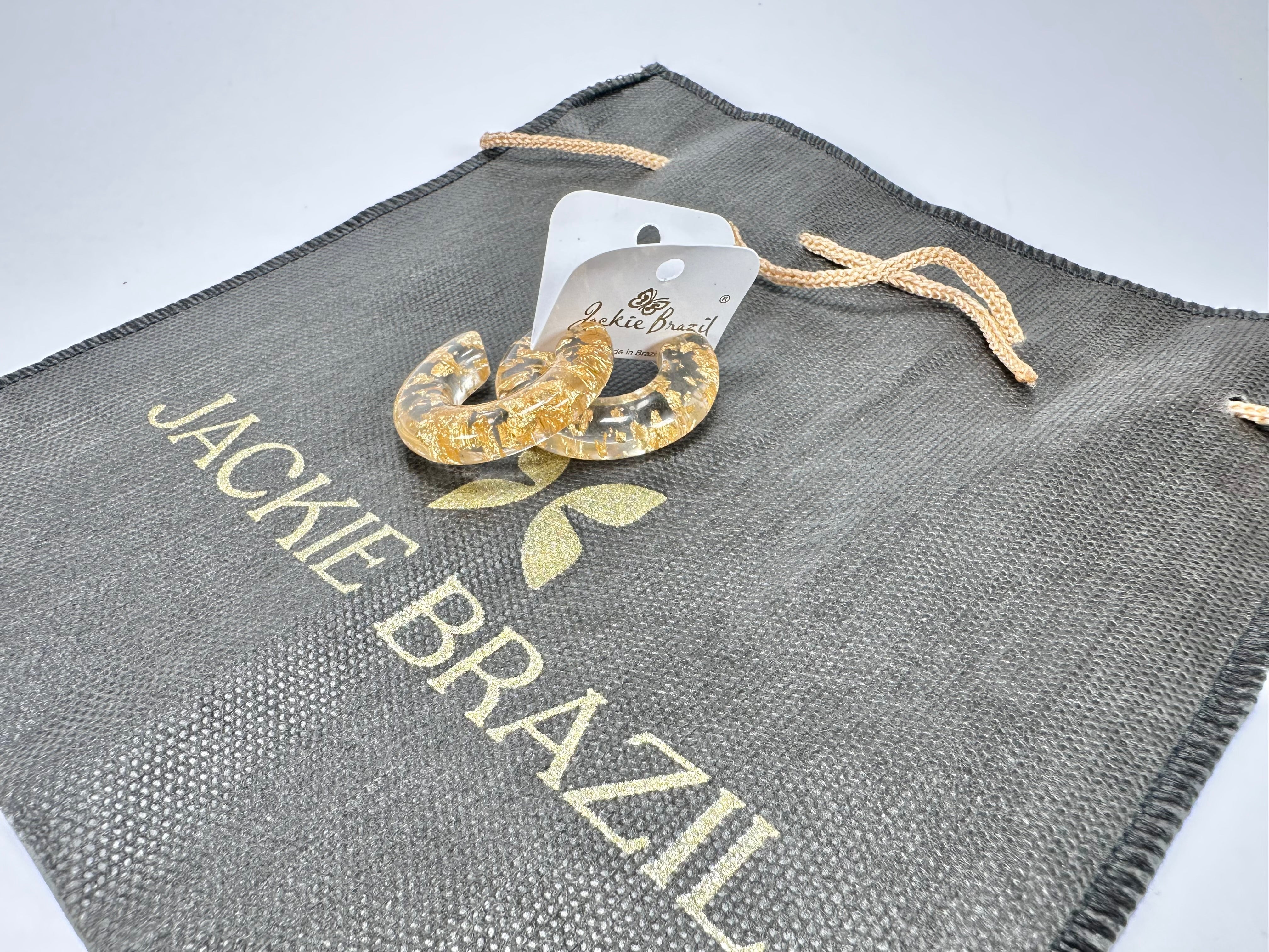 Jackie Brazil "Lucia" Gold Flakes Thick Half Hoop On Pin Resin Earrings ( E0035 )