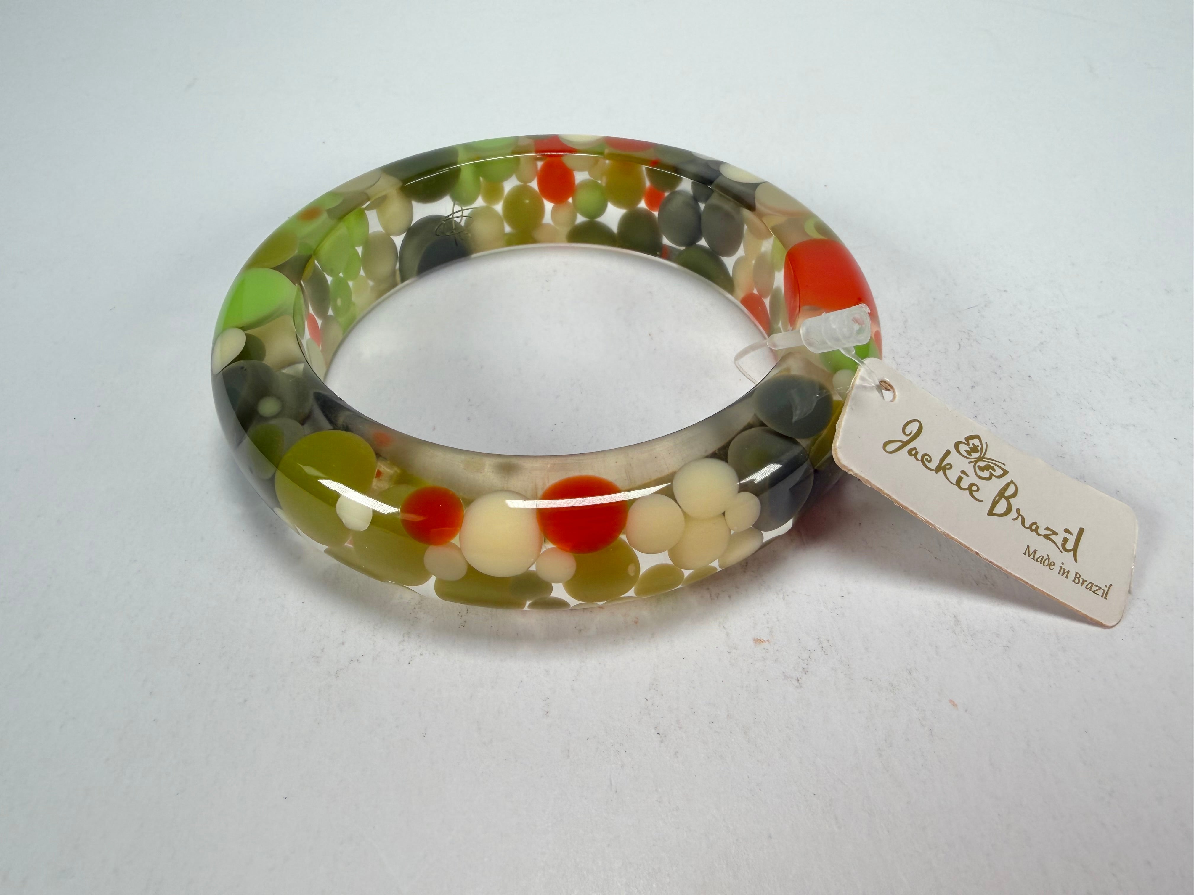Jackie Brazil "Shinny Spotted" Green Mix Spots Solid Round Resin 1.7cm Bangle ( B1726 )