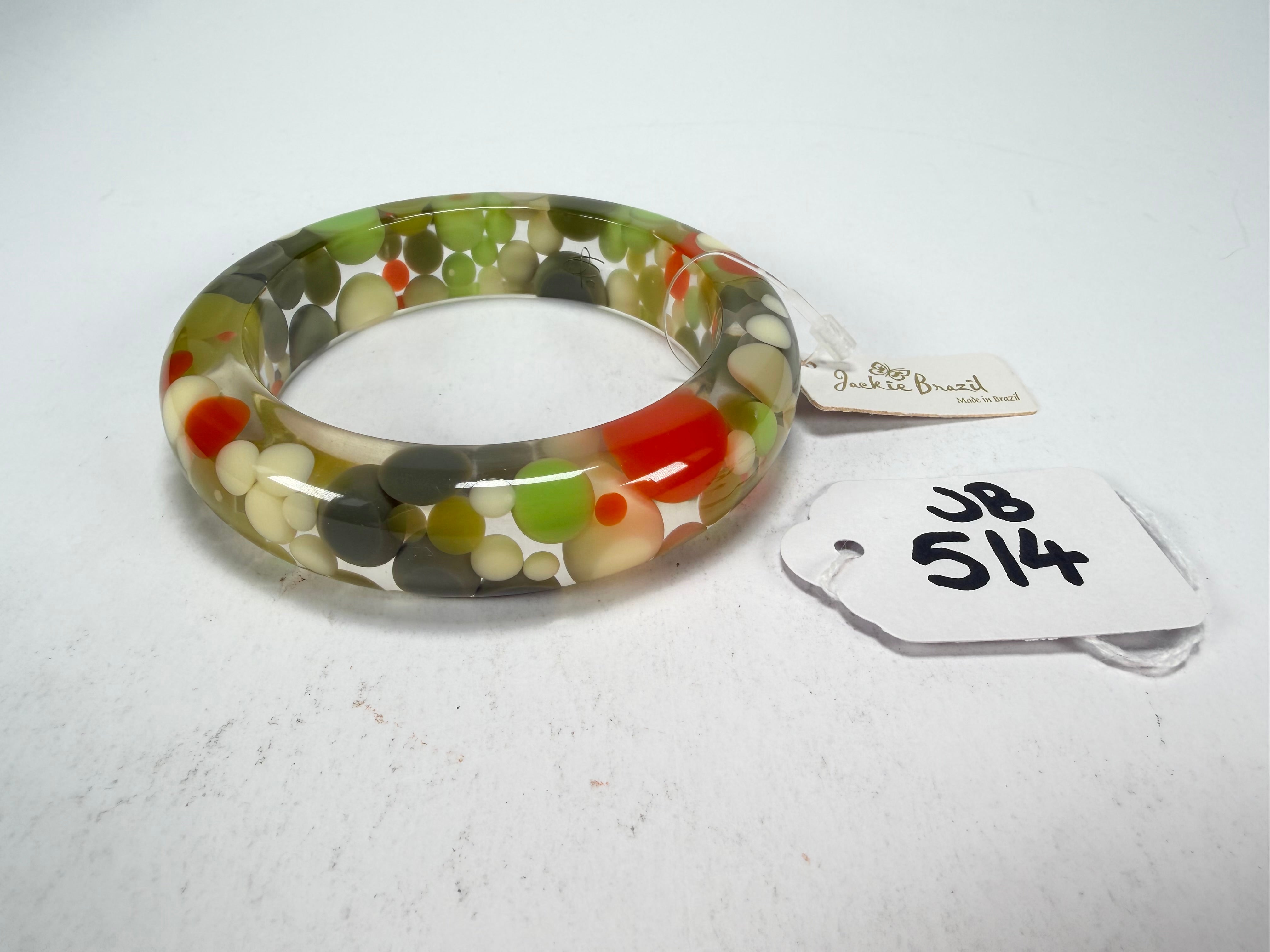 Jackie Brazil "Shinny Spotted" Green Mix Spots Solid Round Resin 1.7cm Bangle ( B1726 )