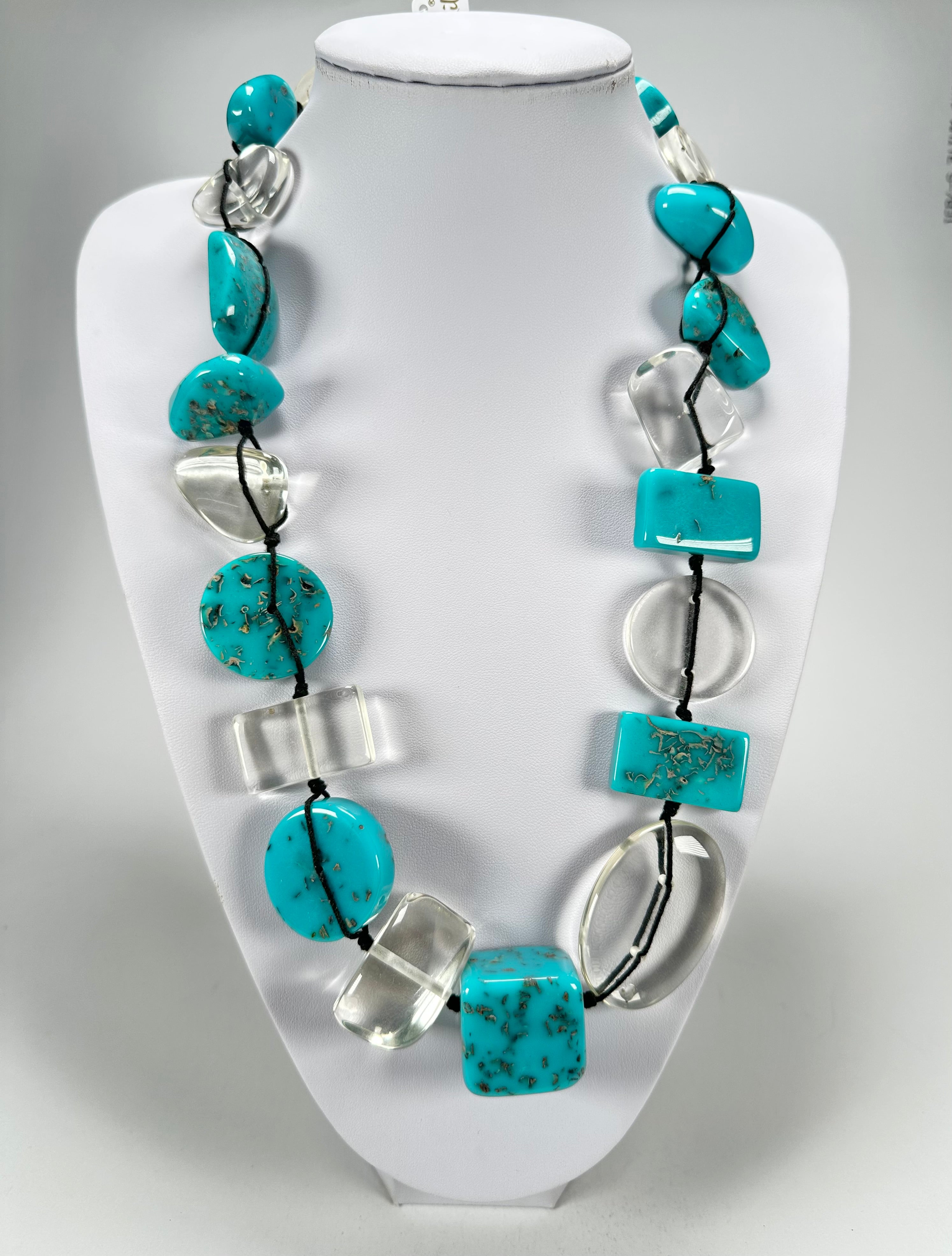 Jackie Brazil "Indiana" Turquoise & Transparent Multi-Bead Medium Resin 70cm Necklace ( N0033 )