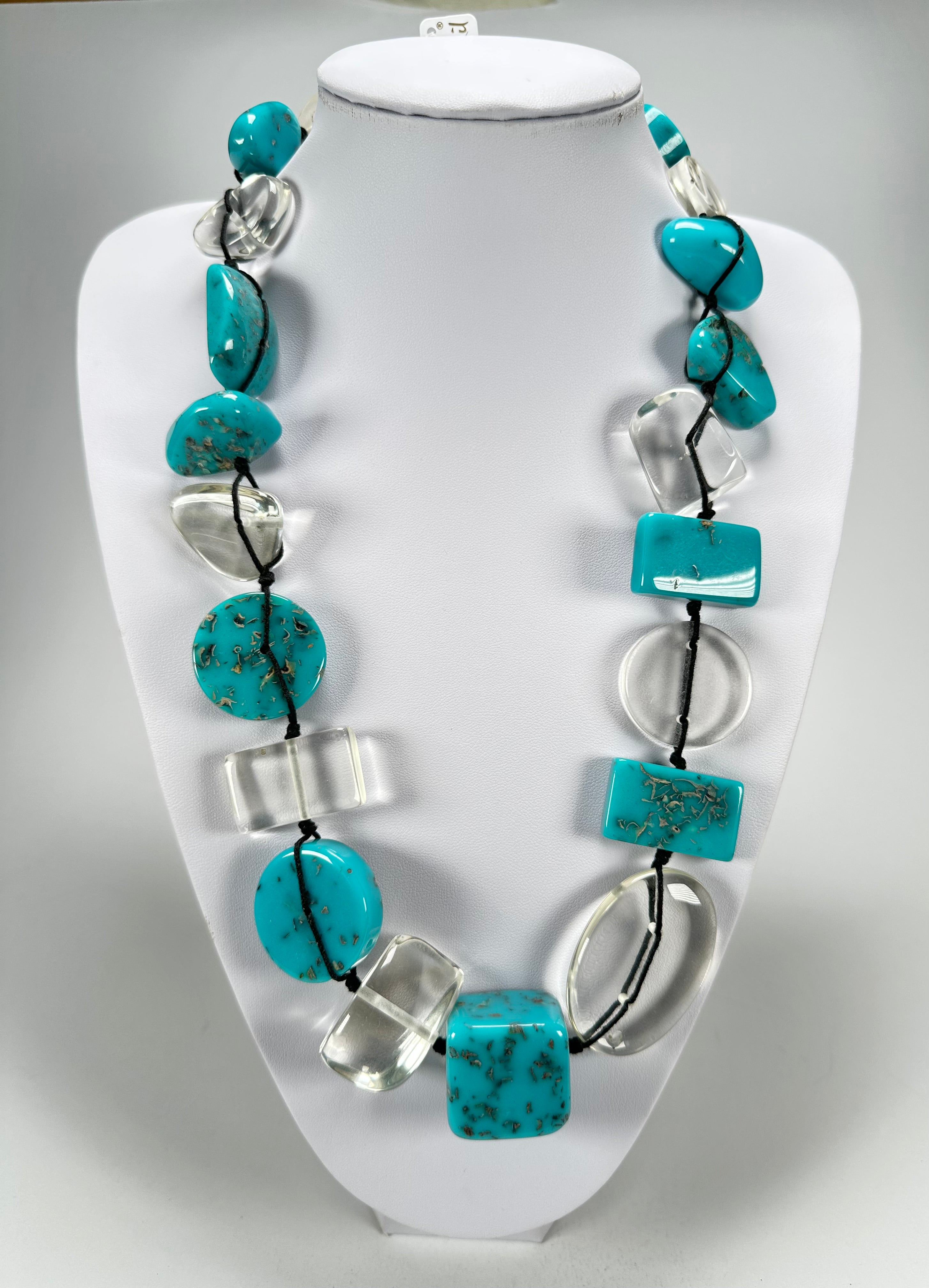 Jackie Brazil "Indiana" Turquoise & Transparent Multi-Bead Medium Resin 70cm Necklace ( N0033 )