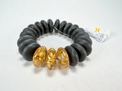 Jackie Brazil "Ana" Black Matt & Gold Flakes Mix Elasticated Wheels Resin Bracelet ( B0910 )