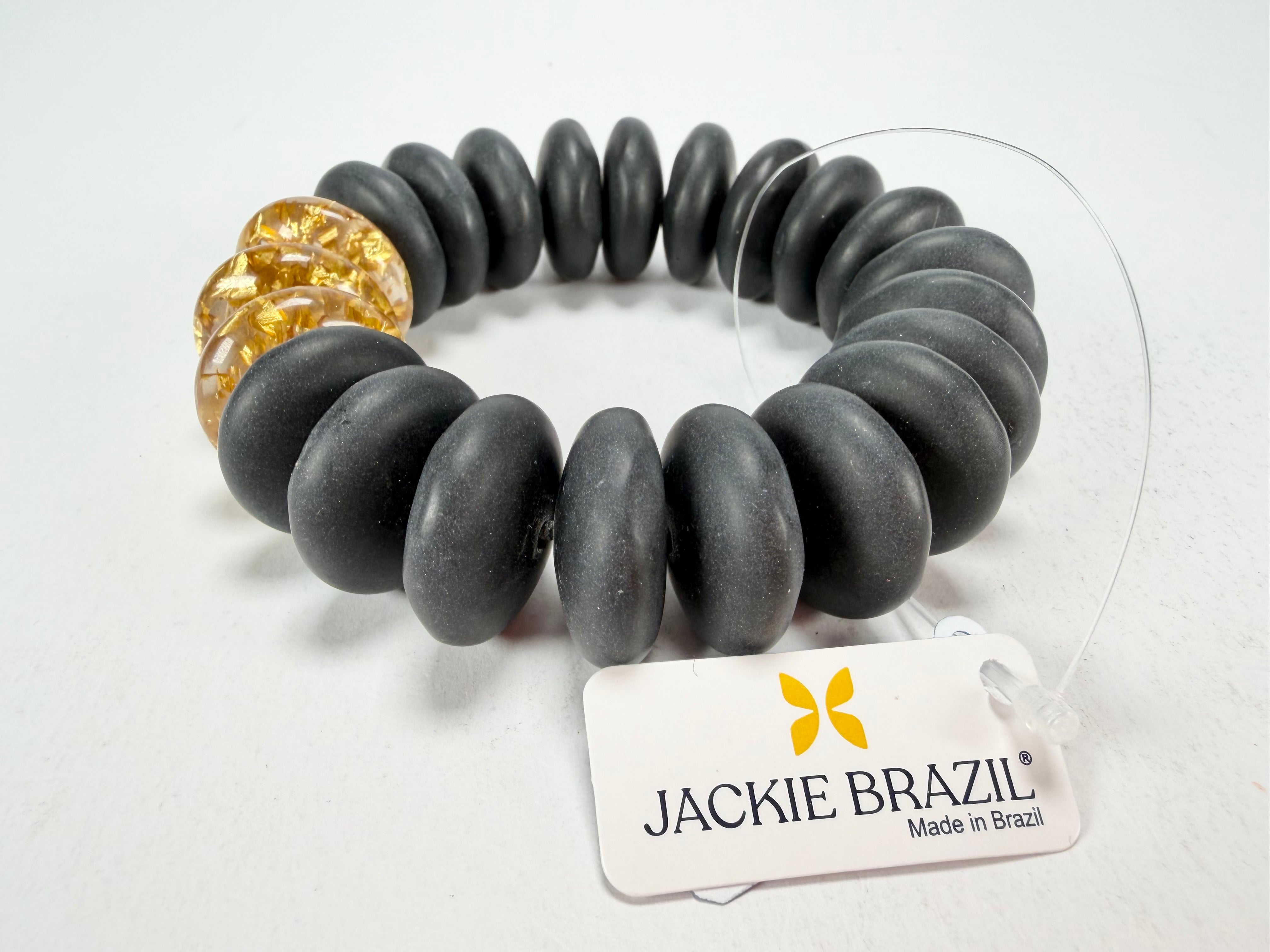 Jackie Brazil "Ana" Black Matt & Gold Flakes Mix Elasticated Wheels Resin Bracelet ( B0910 )
