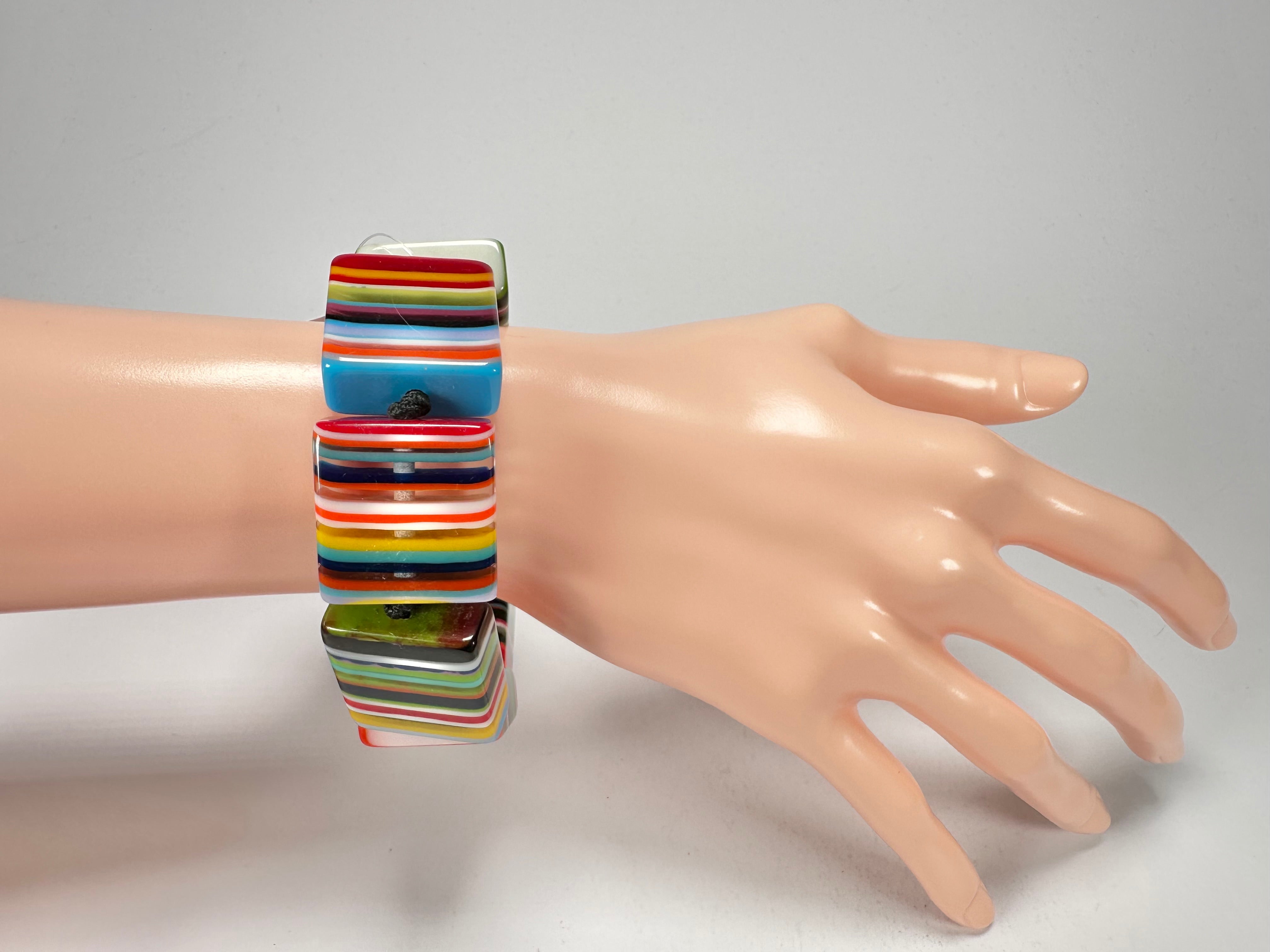Jackie Brazil "Gala" Liquorice Half Rectangles On Elastic Mix Colours Bracelet ( B0778 )