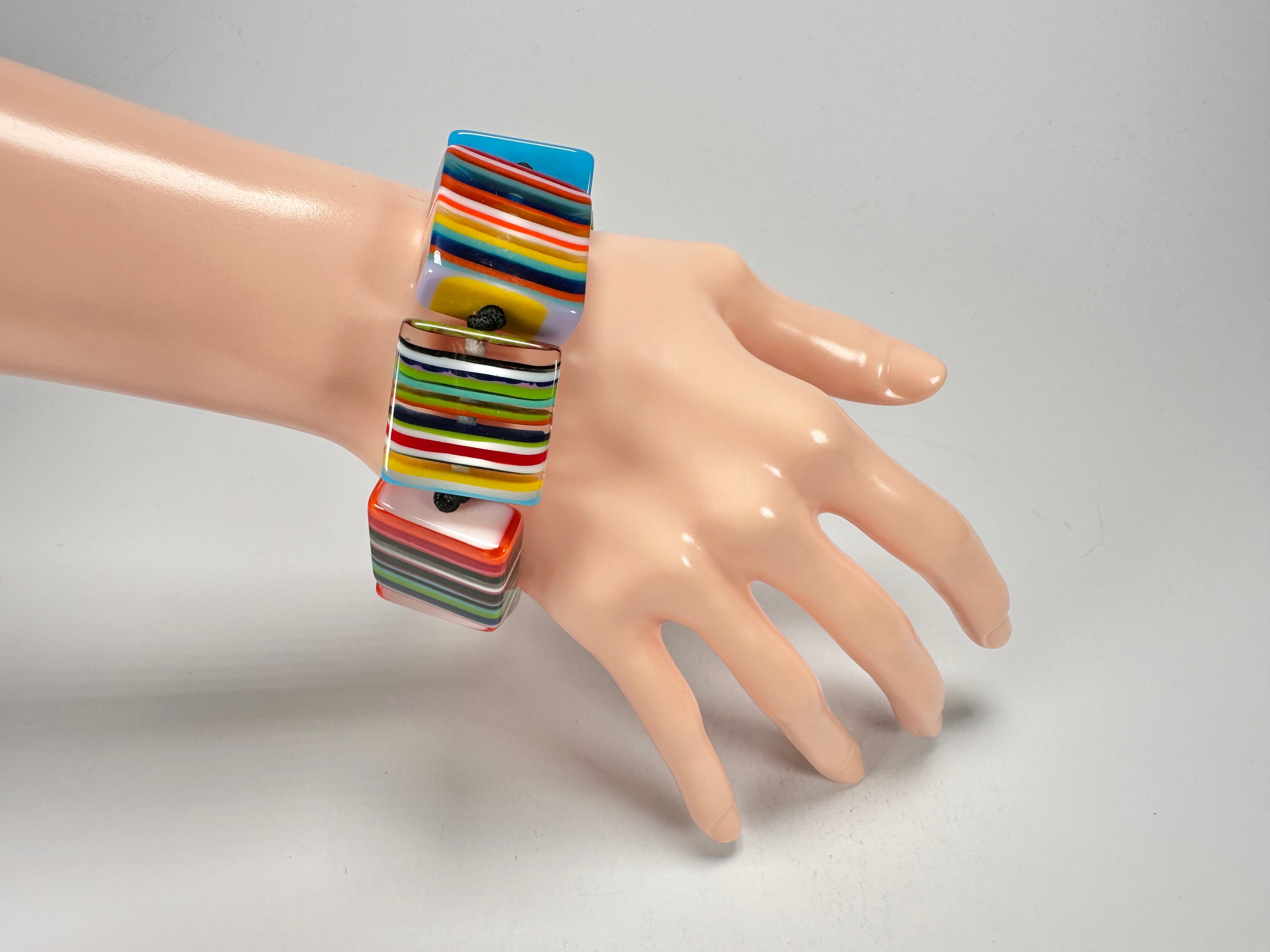 Jackie Brazil "Gala" Liquorice Half Rectangles On Elastic Mix Colours Bracelet ( B0778 )