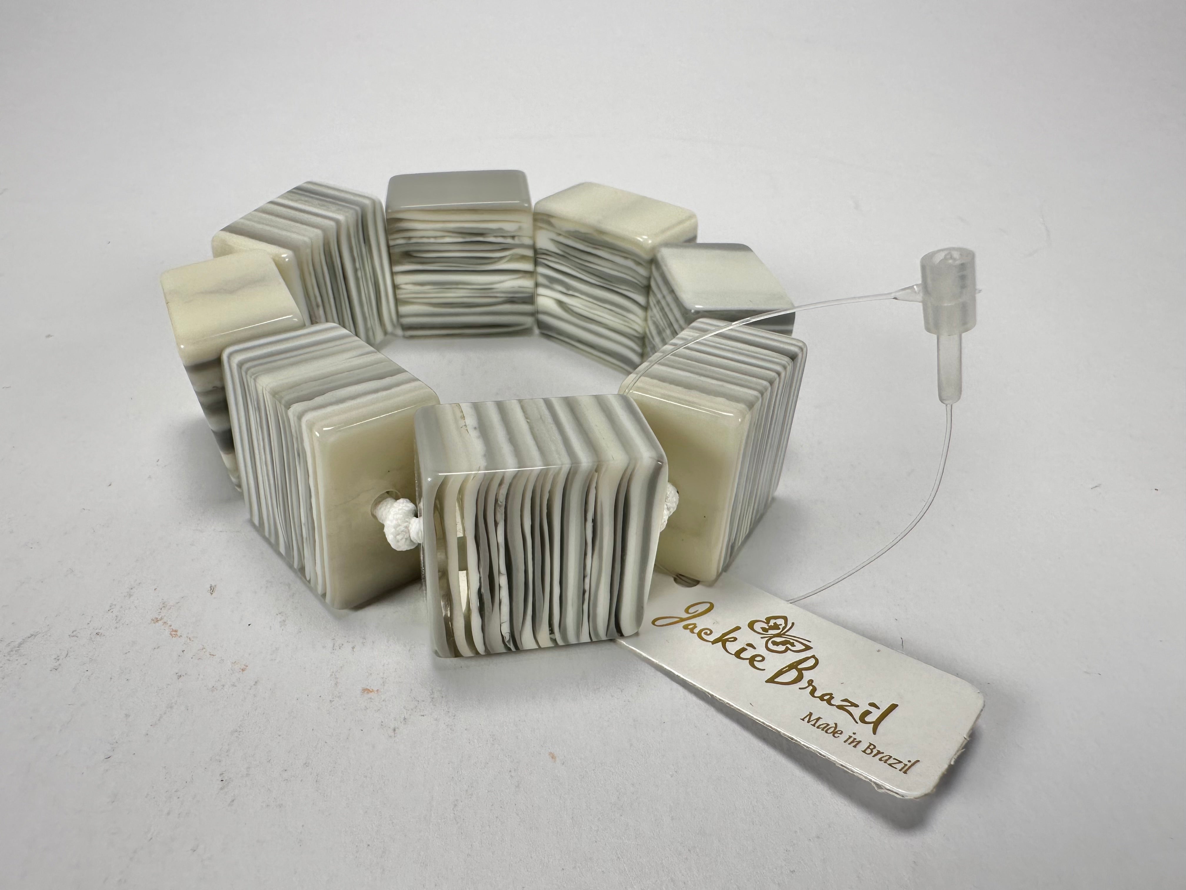 Jackie Brazil "Gala" Liquorice Half Rectangles On Elastic Cream Mix Bracelet ( B0778 )