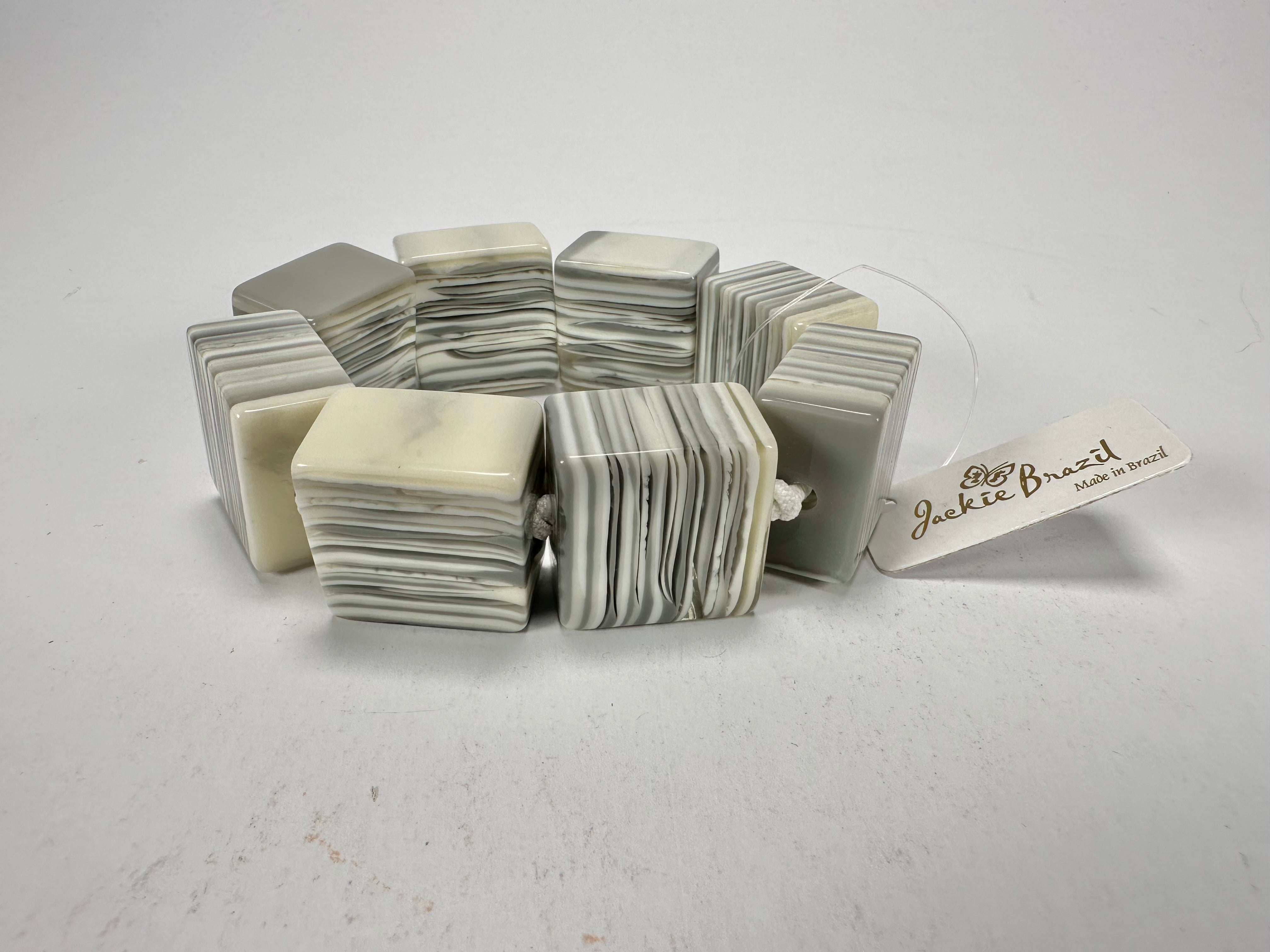 Jackie Brazil "Gala" Liquorice Half Rectangles On Elastic Cream Mix Bracelet ( B0778 )