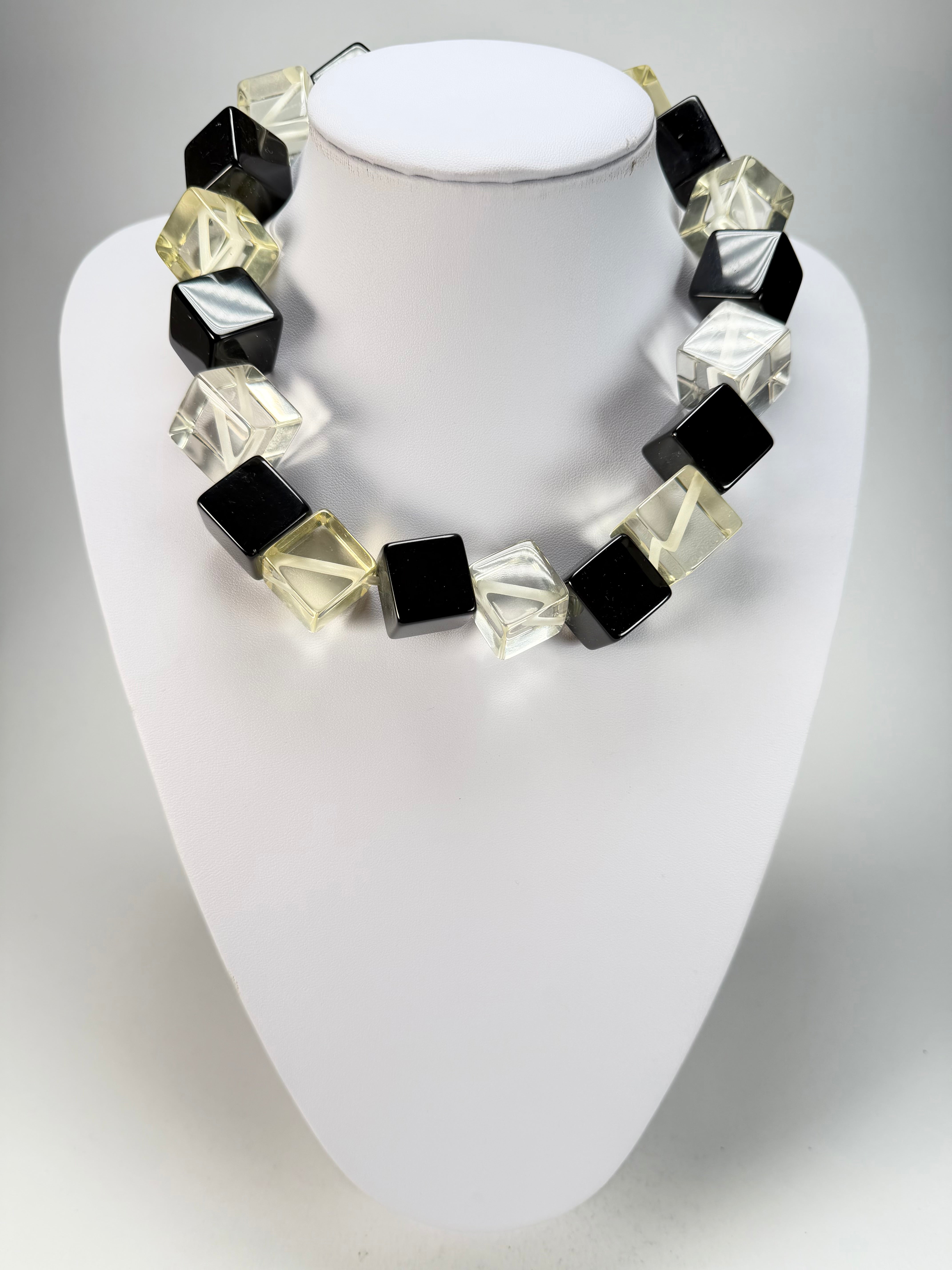 Jackie Brazil "Galactic" Black & Clear Squares Short Resin Necklace ( N2662 )