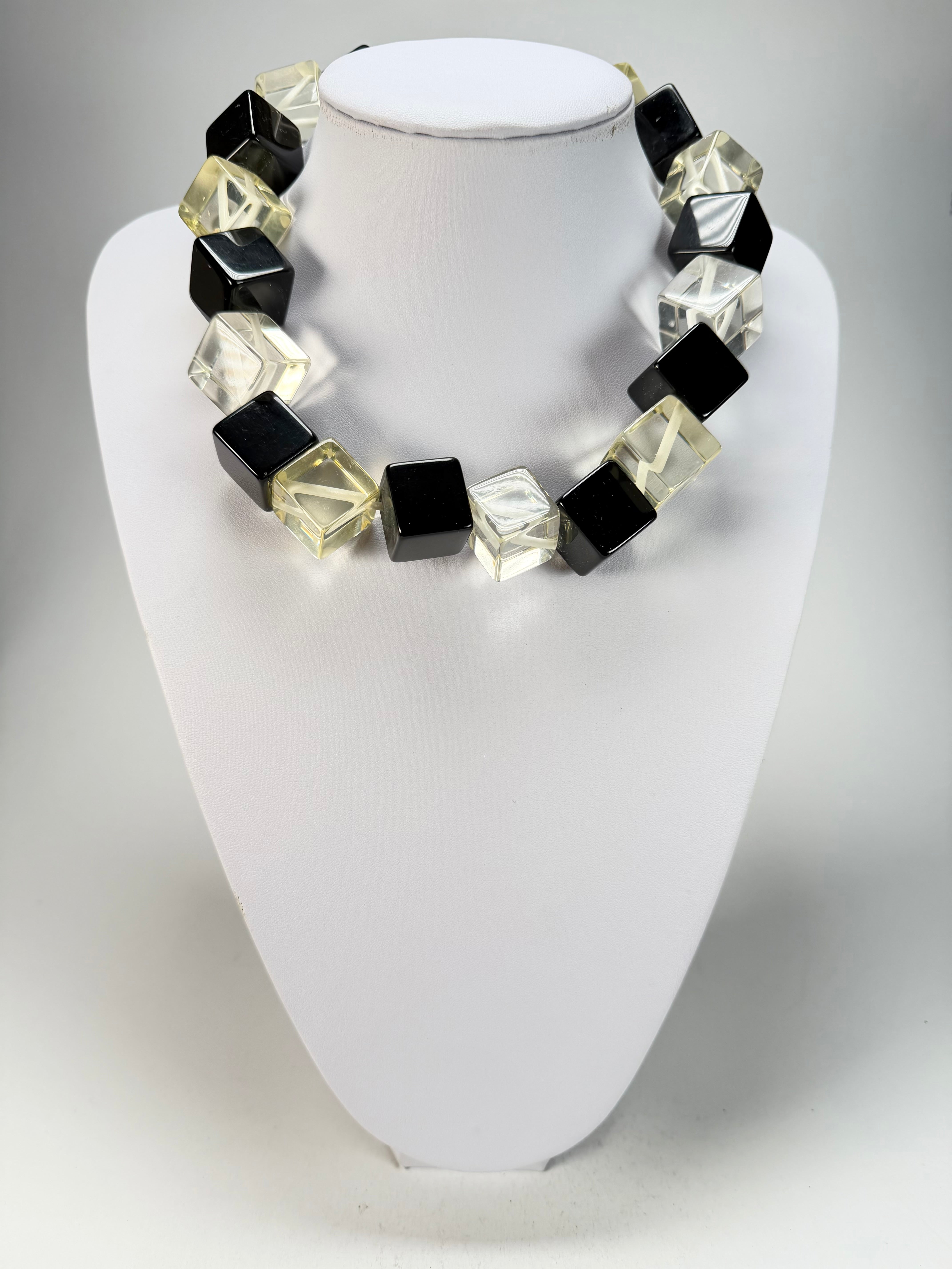 Jackie Brazil "Galactic" Black & Clear Squares Short Resin Necklace ( N2662 )