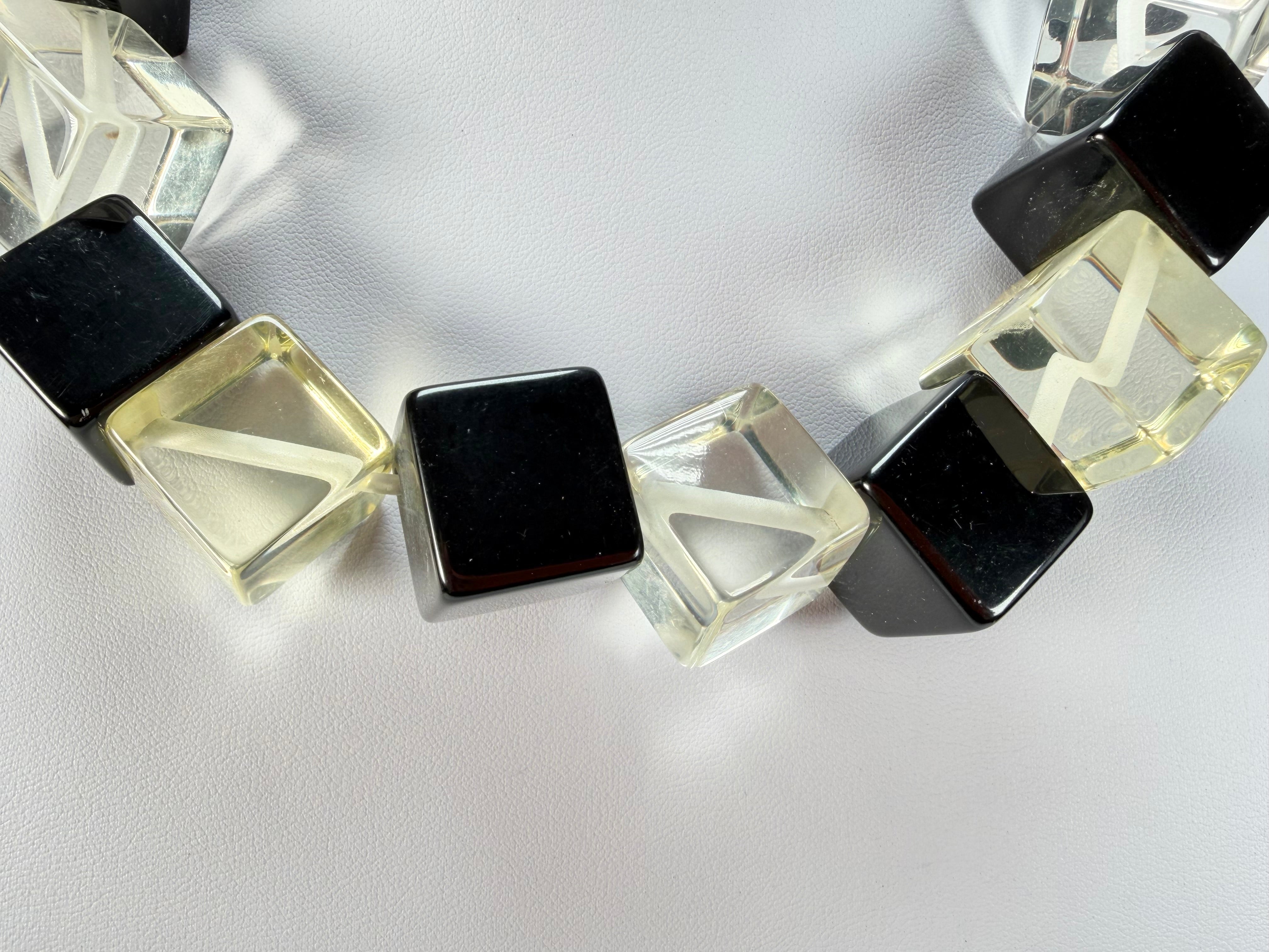 Jackie Brazil "Galactic" Black & Clear Squares Short Resin Necklace ( N2662 )
