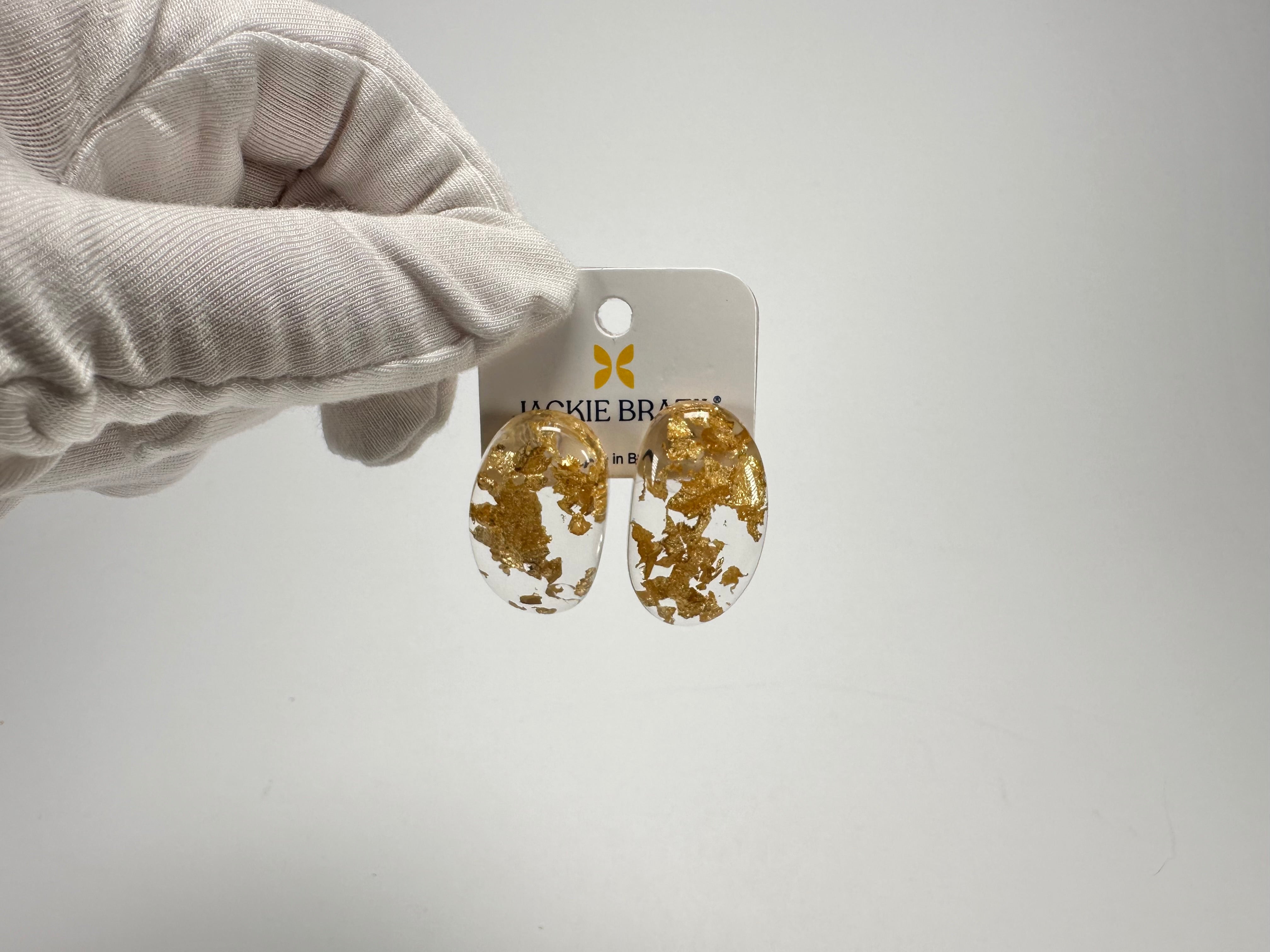Jackie Brazil "Oval" Gold Flakes Single Stone Pendant Stud Resin Earrings ( E3608 )