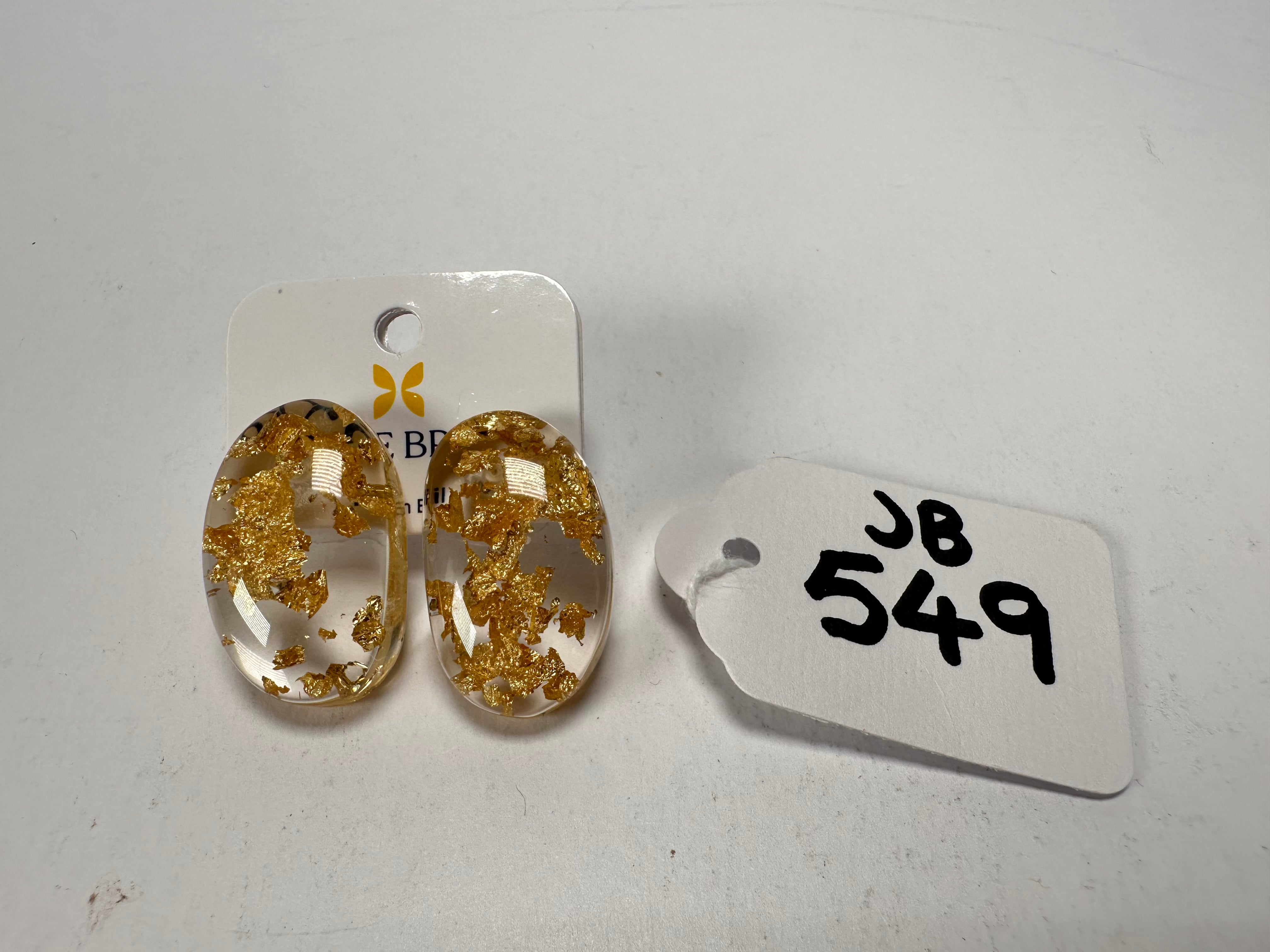 Jackie Brazil "Oval" Gold Flakes Single Stone Pendant Stud Resin Earrings ( E3608 )