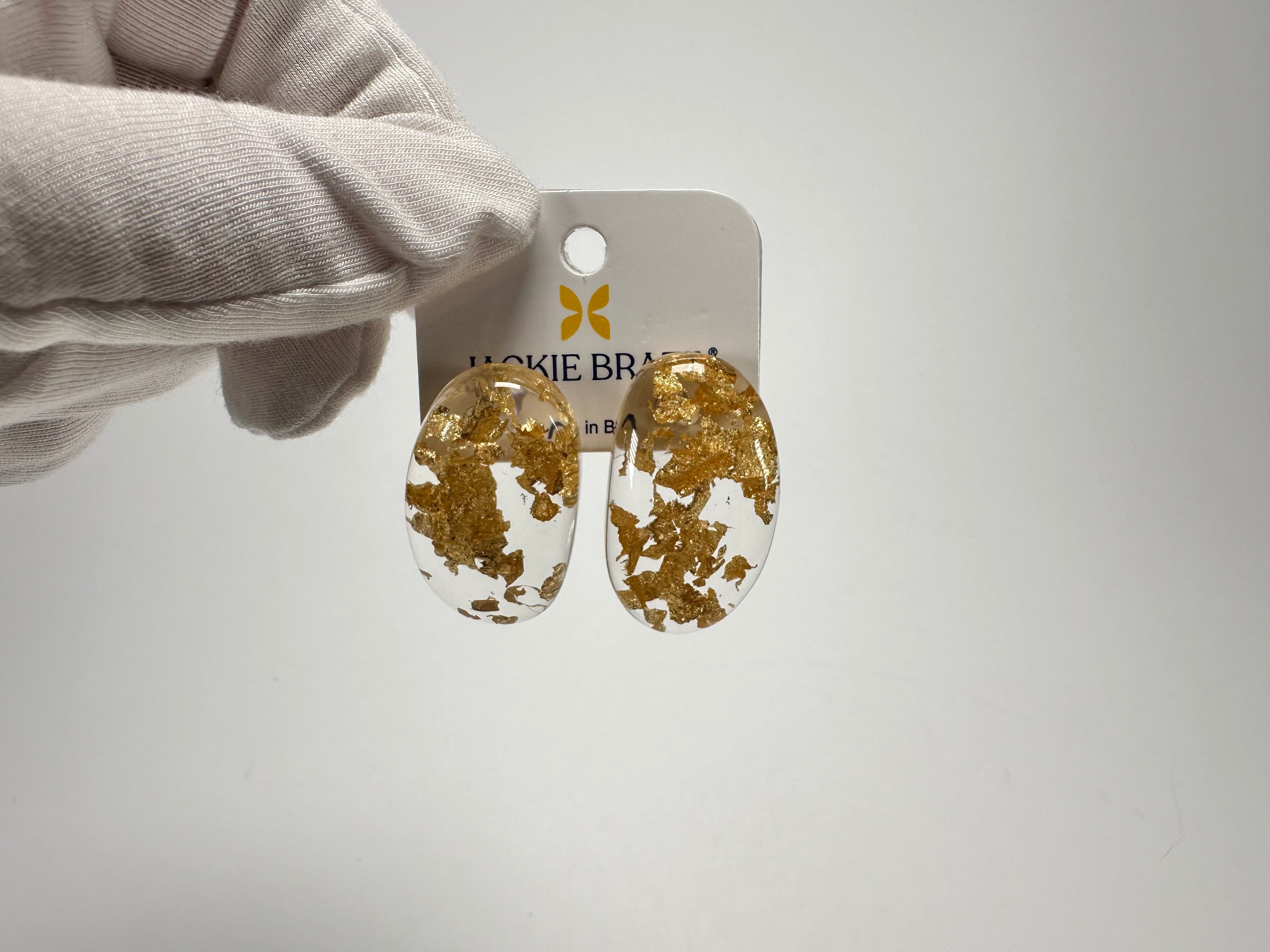 Jackie Brazil "Oval" Gold Flakes Single Stone Pendant Stud Resin Earrings ( E3608 )