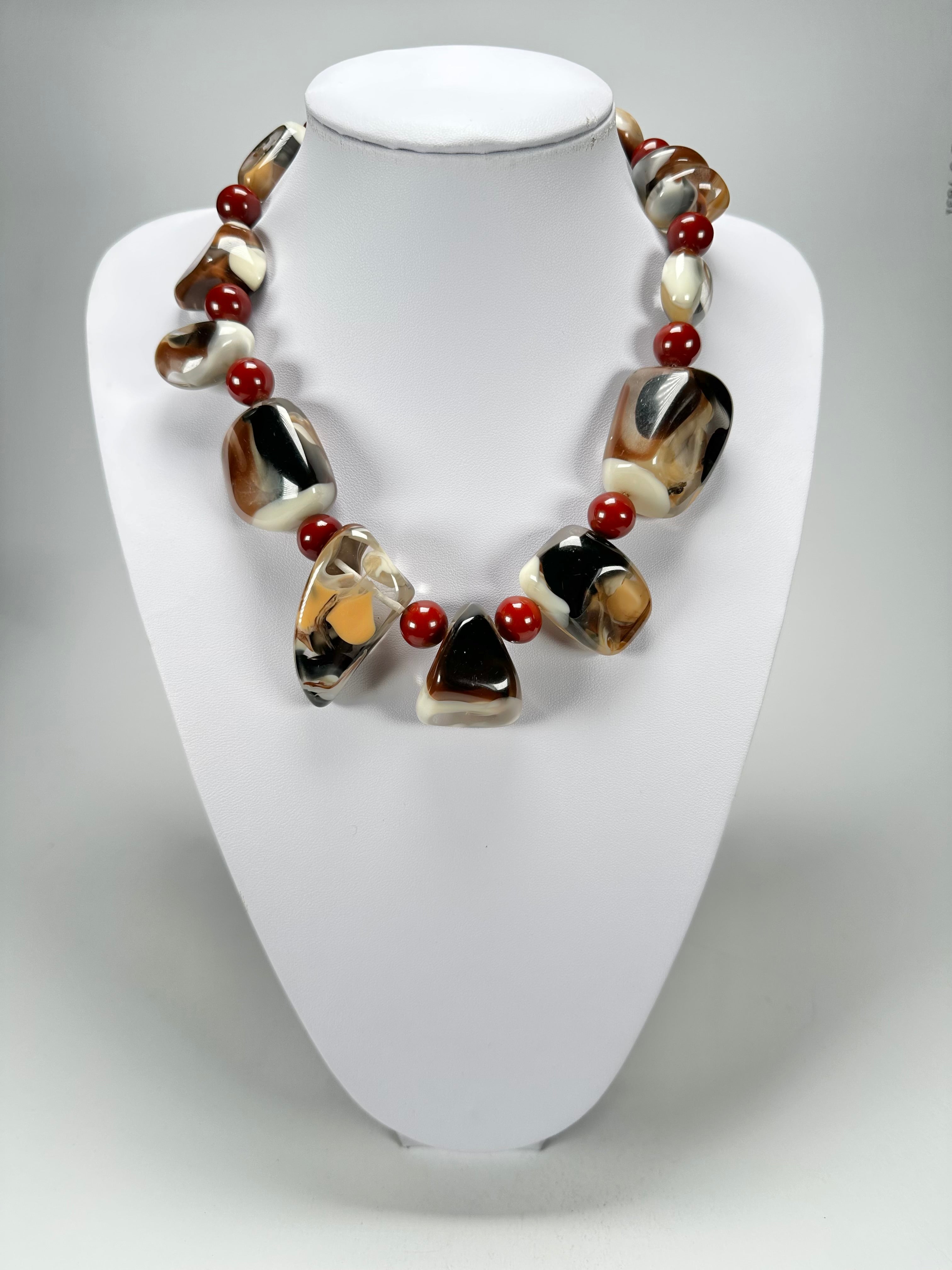 Jackie Brazil "Vesubio" Brown Marble Large Beads & Stones Necklace ( N1616 )