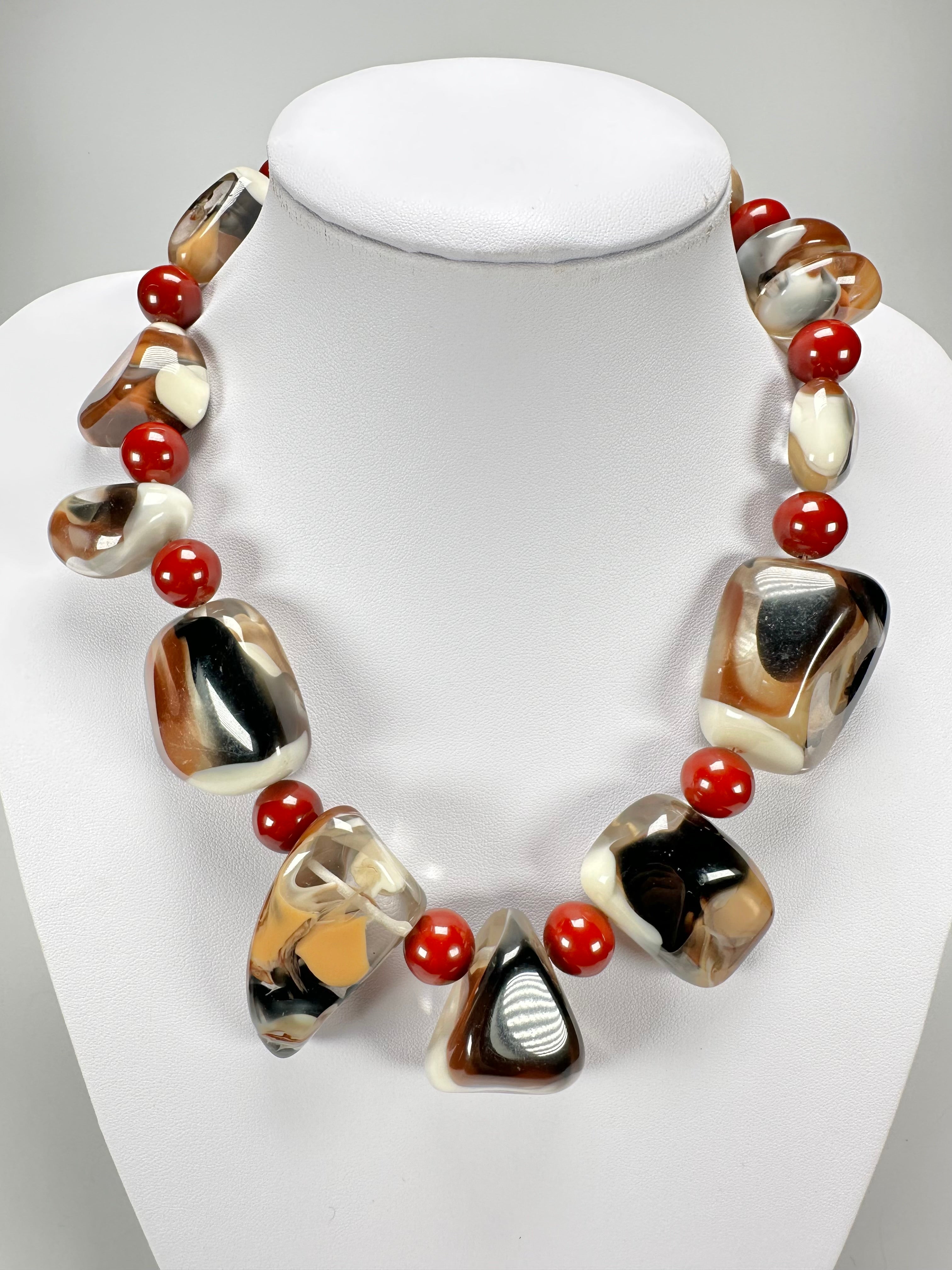 Jackie Brazil "Vesubio" Brown Marble Large Beads & Stones Necklace ( N1616 )