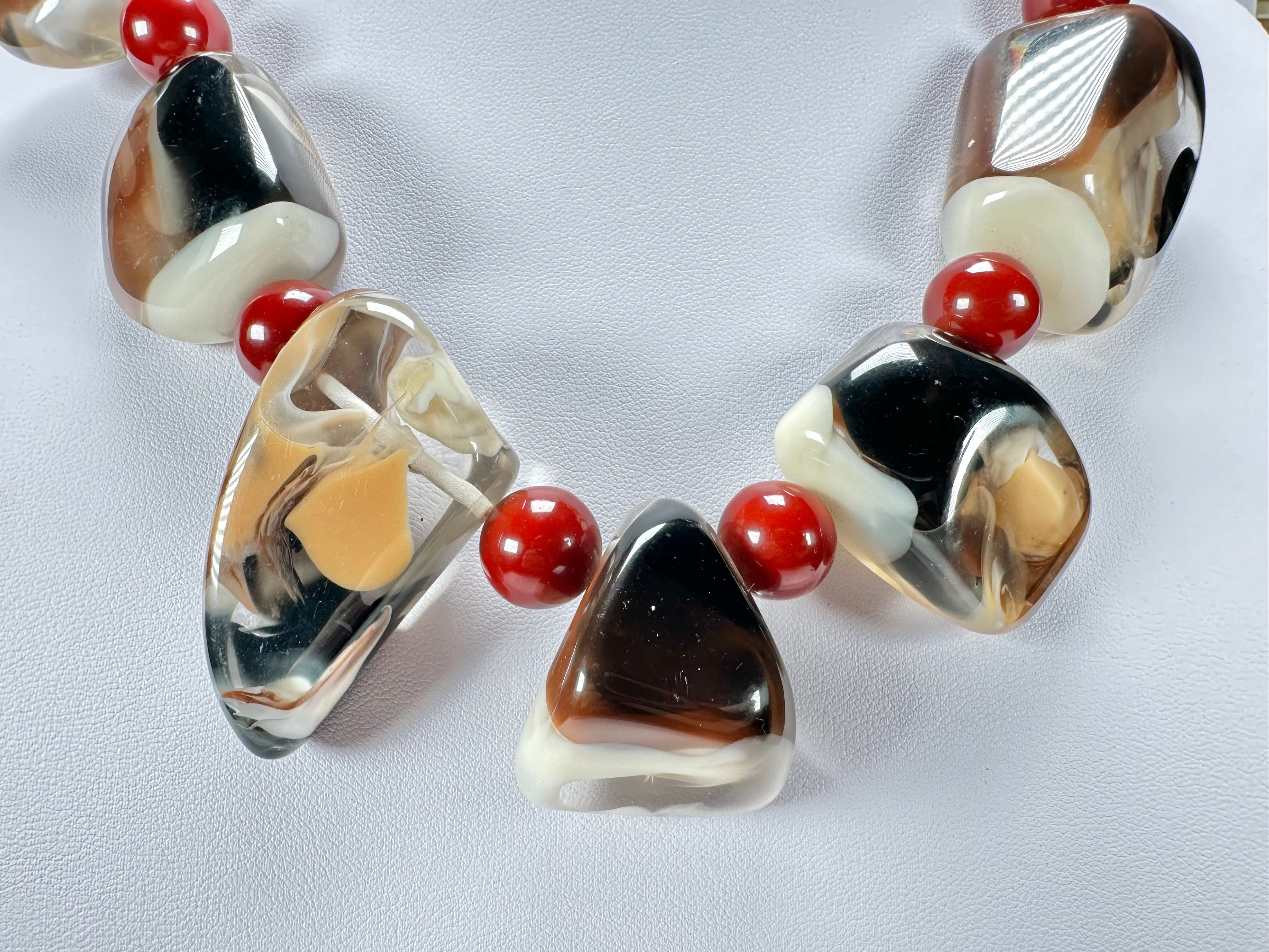 Jackie Brazil "Vesubio" Brown Marble Large Beads & Stones Necklace ( N1616 )