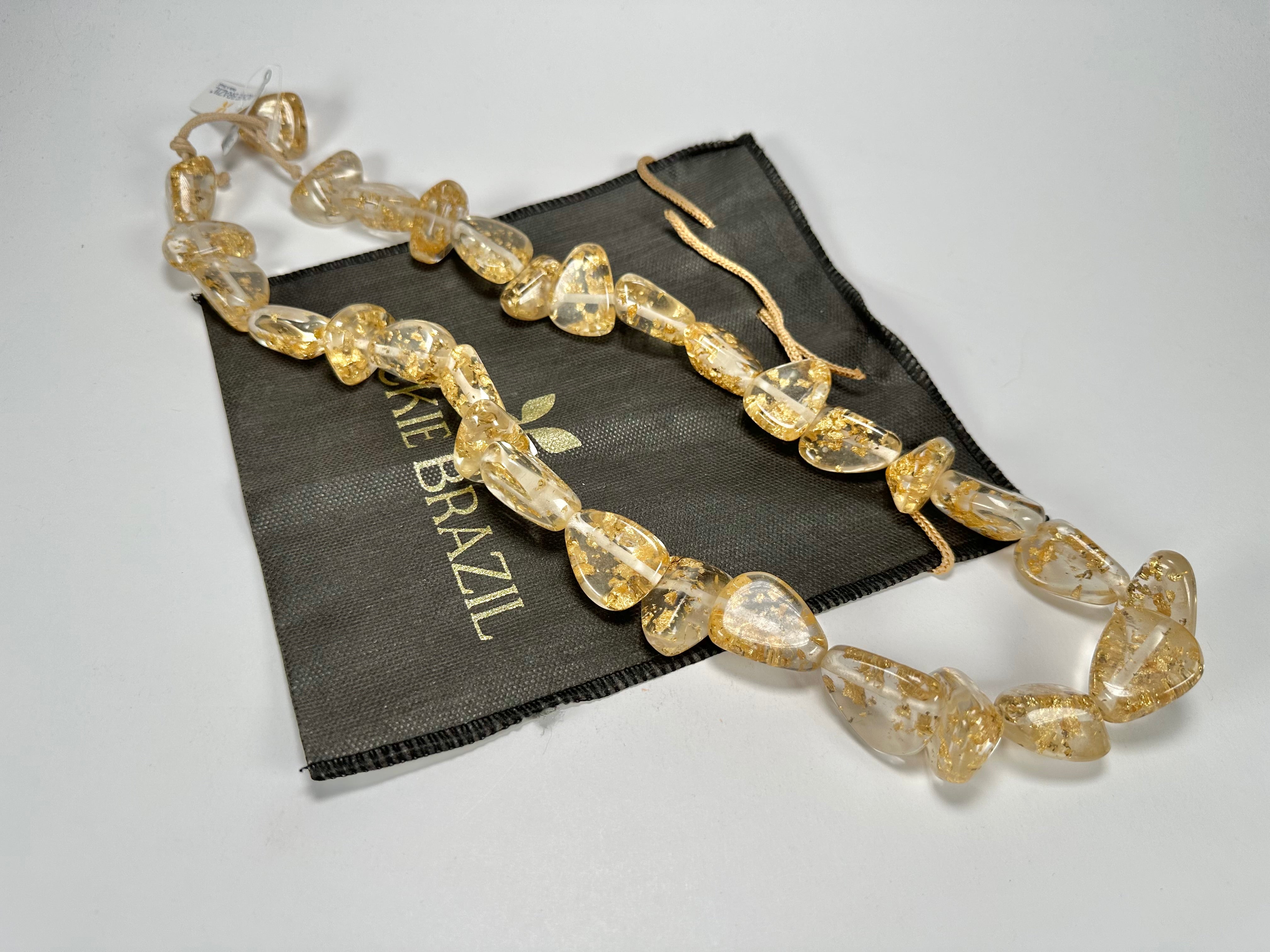 Jackie Brazil "Diamonds" Gold Flakes Flintstone Bone 80cm Necklace ( N0080 )