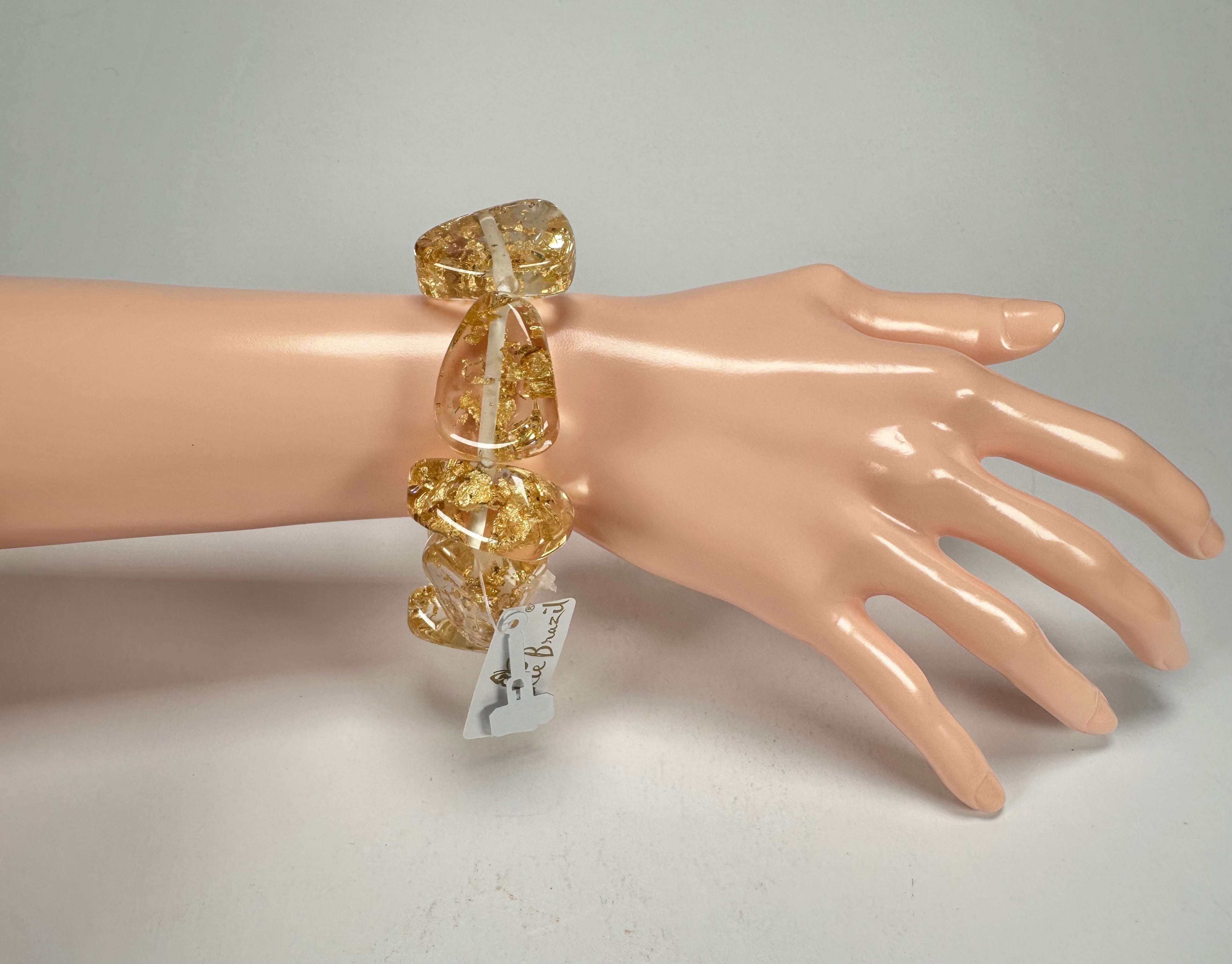 Jackie Brazil "Diamonds" Gold Flakes Flintstone Bone Bracelet ( B0211 )