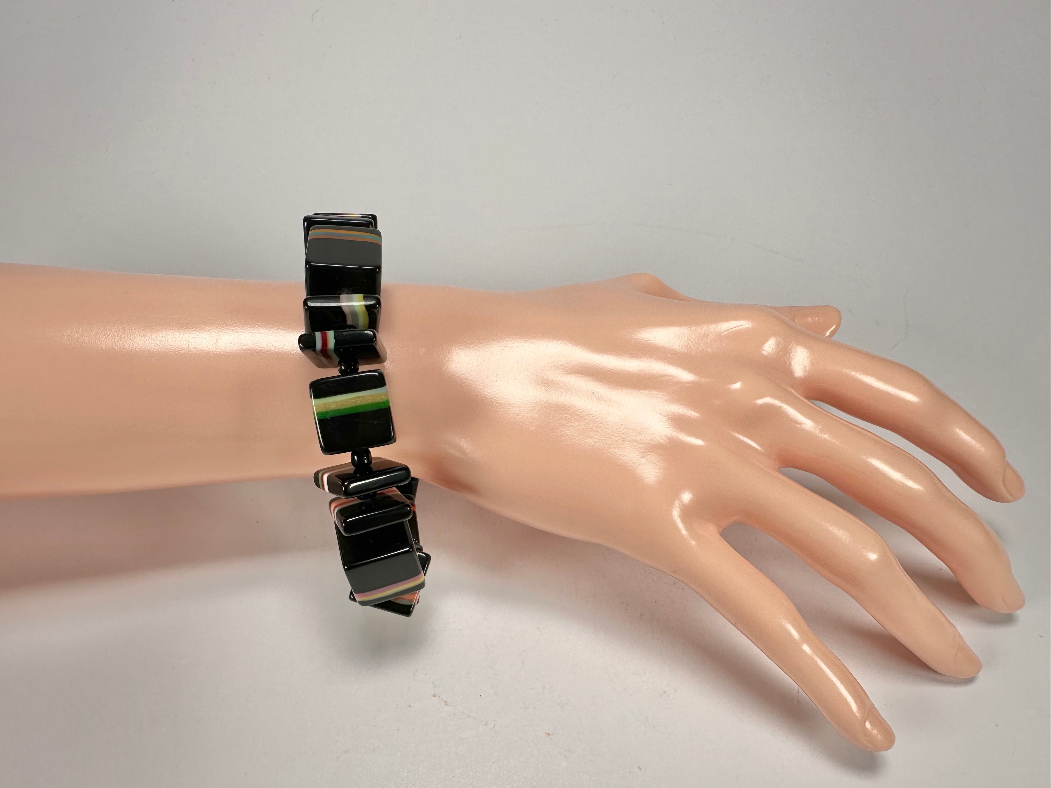 Jackie Brazil "Bar Code" Black & Liquorice Mix Squares Resin Bracelet ( B2201 )