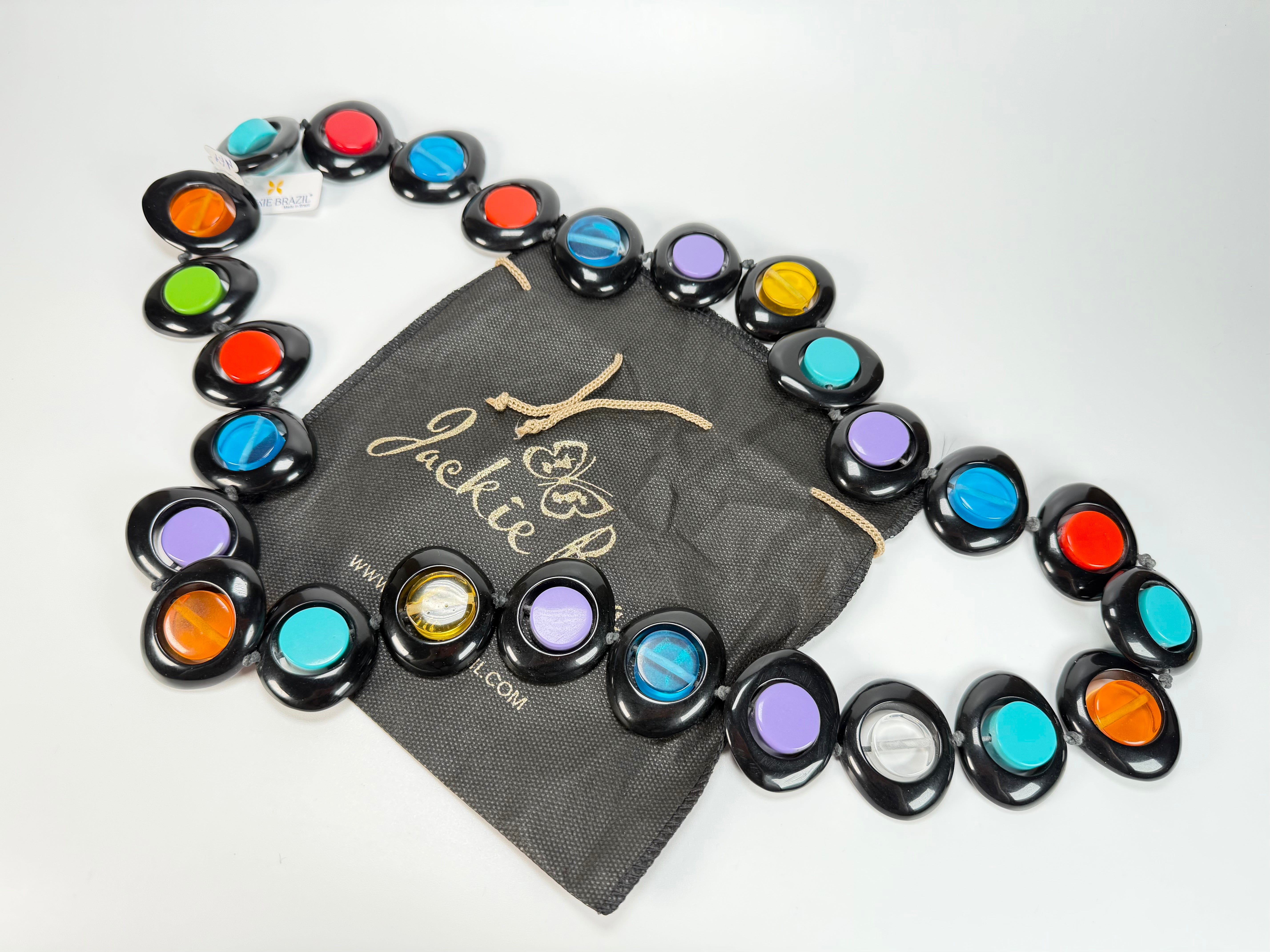 Jackie Brazil "Saturn" Black & Transparent Summer Mix Disc & Cylinder Long 110cm Necklace ( N0067 )