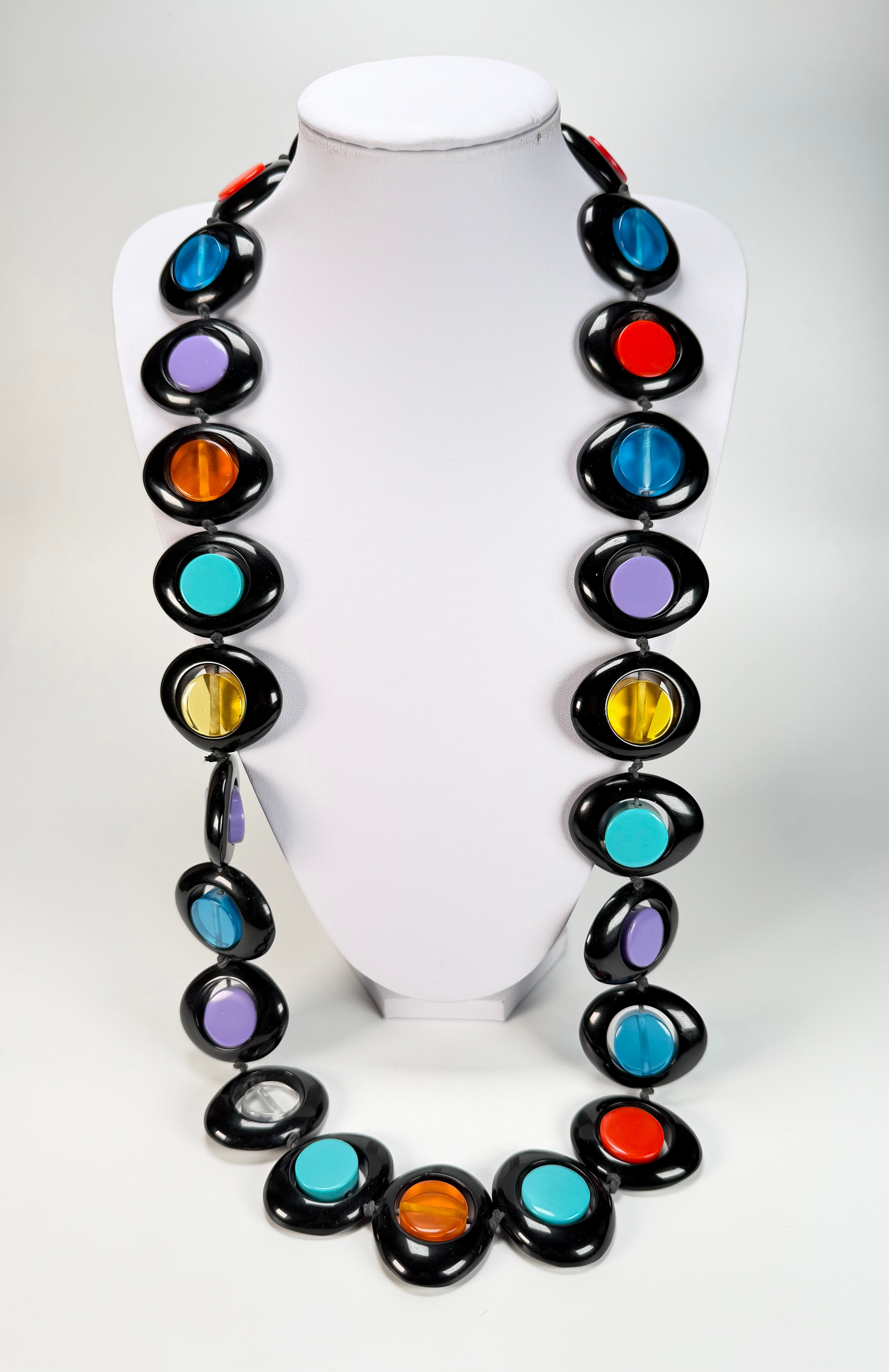 Jackie Brazil "Saturn" Black & Transparent Summer Mix Disc & Cylinder Long 110cm Necklace ( N0067 )