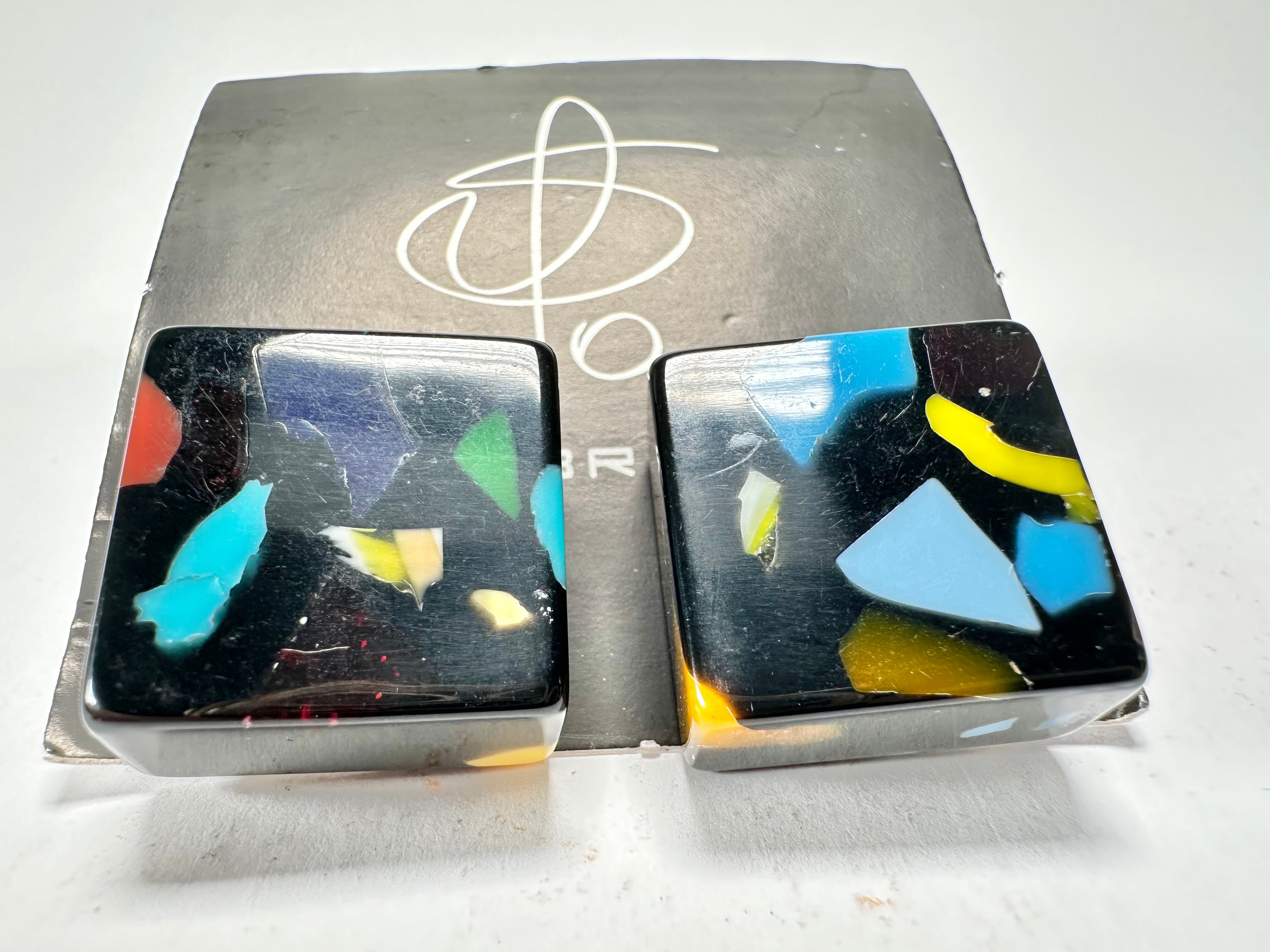 Jackie Brazil "Akbar" Art Deco Square Clip On Resin Earrings ( E3073 )