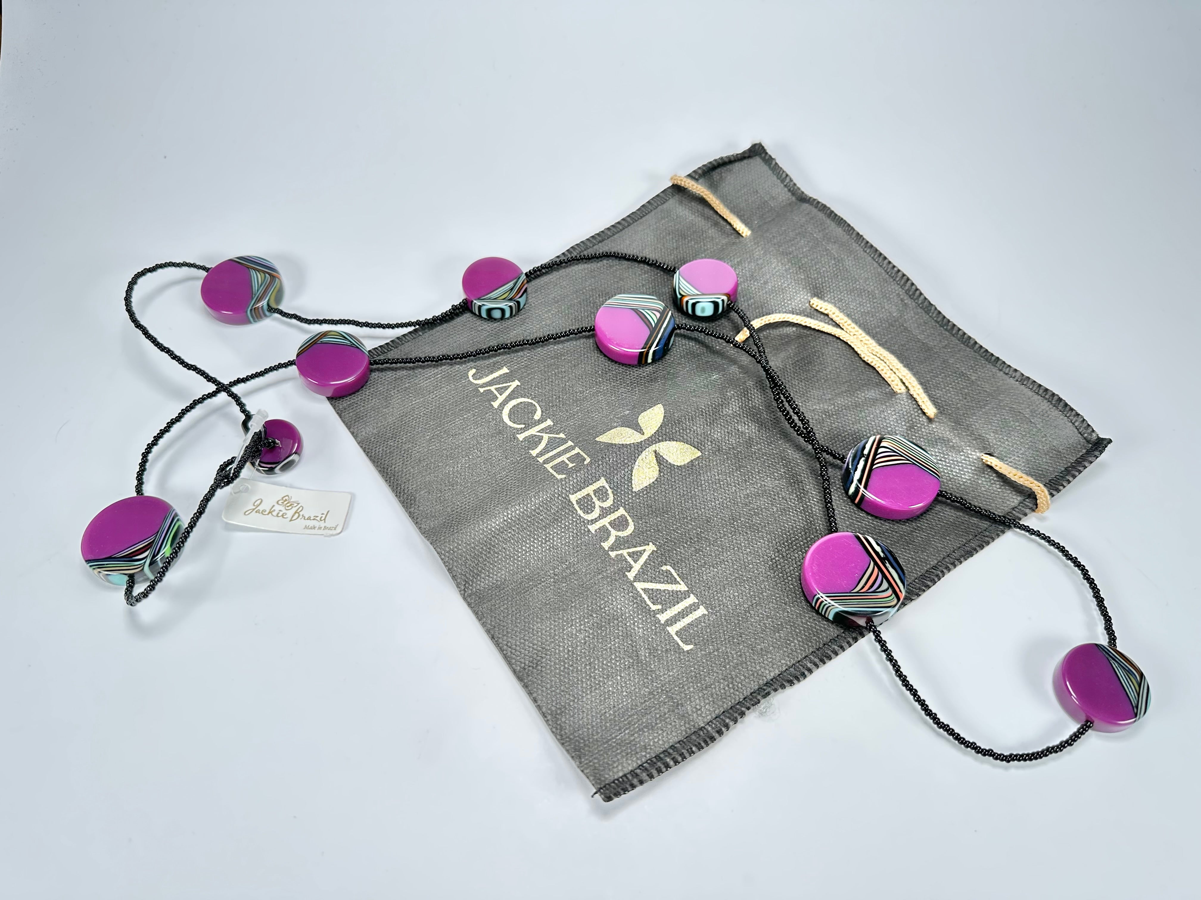 Jackie Brazil "Aida" Purple Swirls Discs With Beads Long Resin Necklace ( N3150 )
