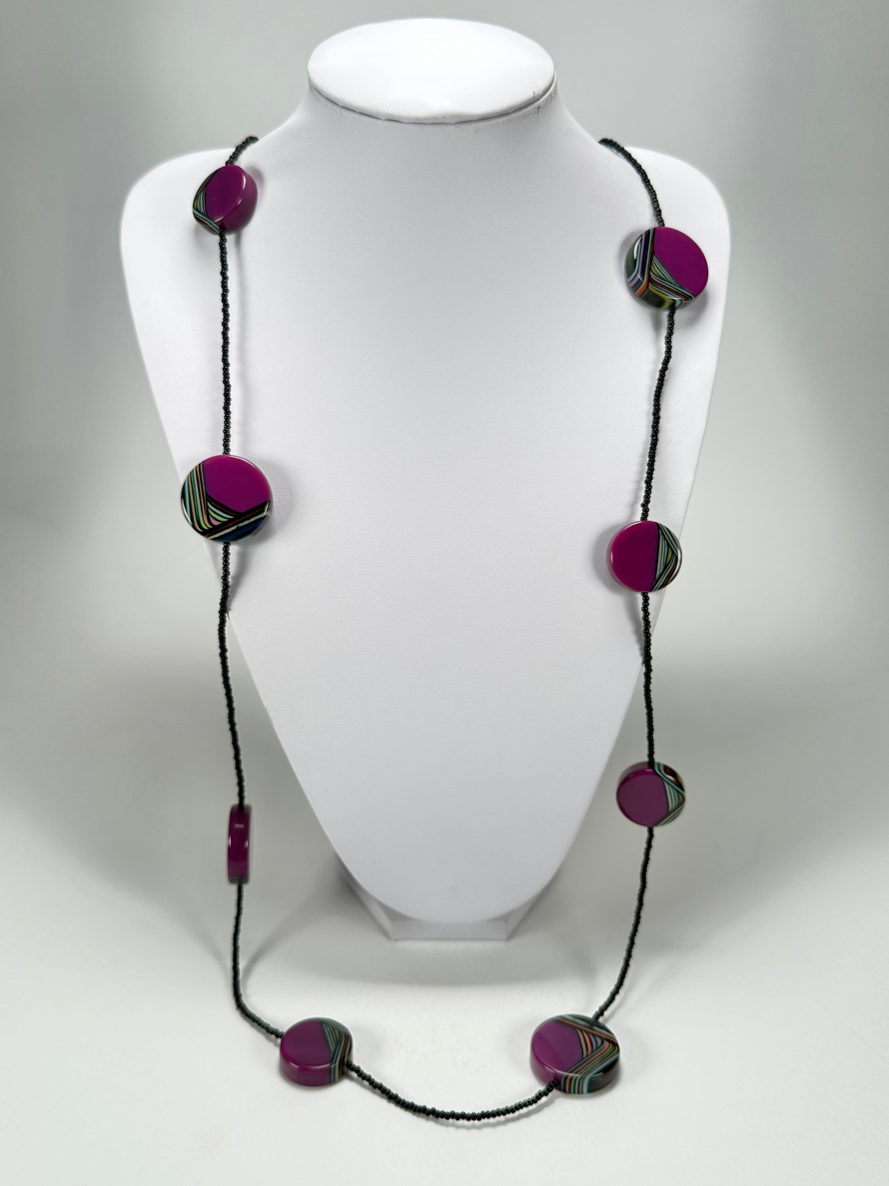 Jackie Brazil "Aida" Purple Swirls Discs With Beads Long Resin Necklace ( N3150 )