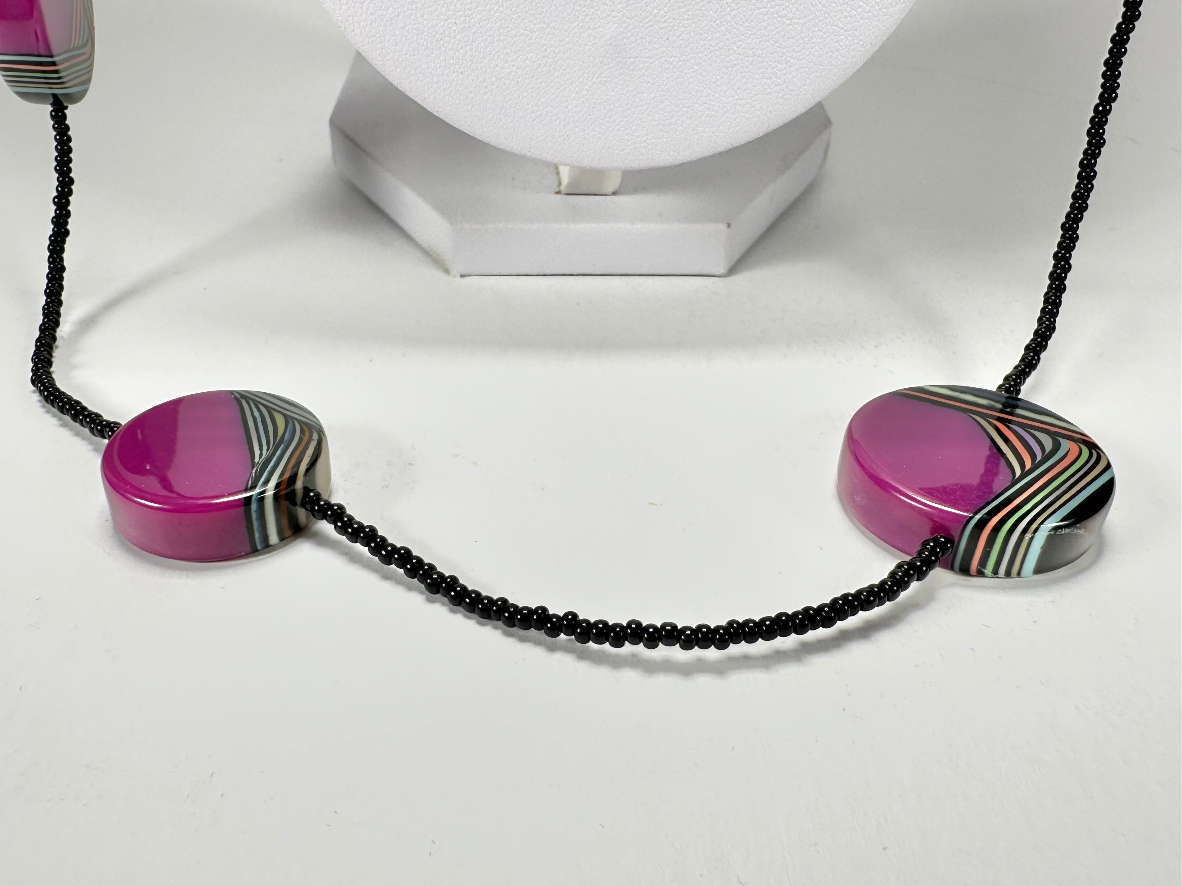 Jackie Brazil "Aida" Purple Swirls Discs With Beads Long Resin Necklace ( N3150 )