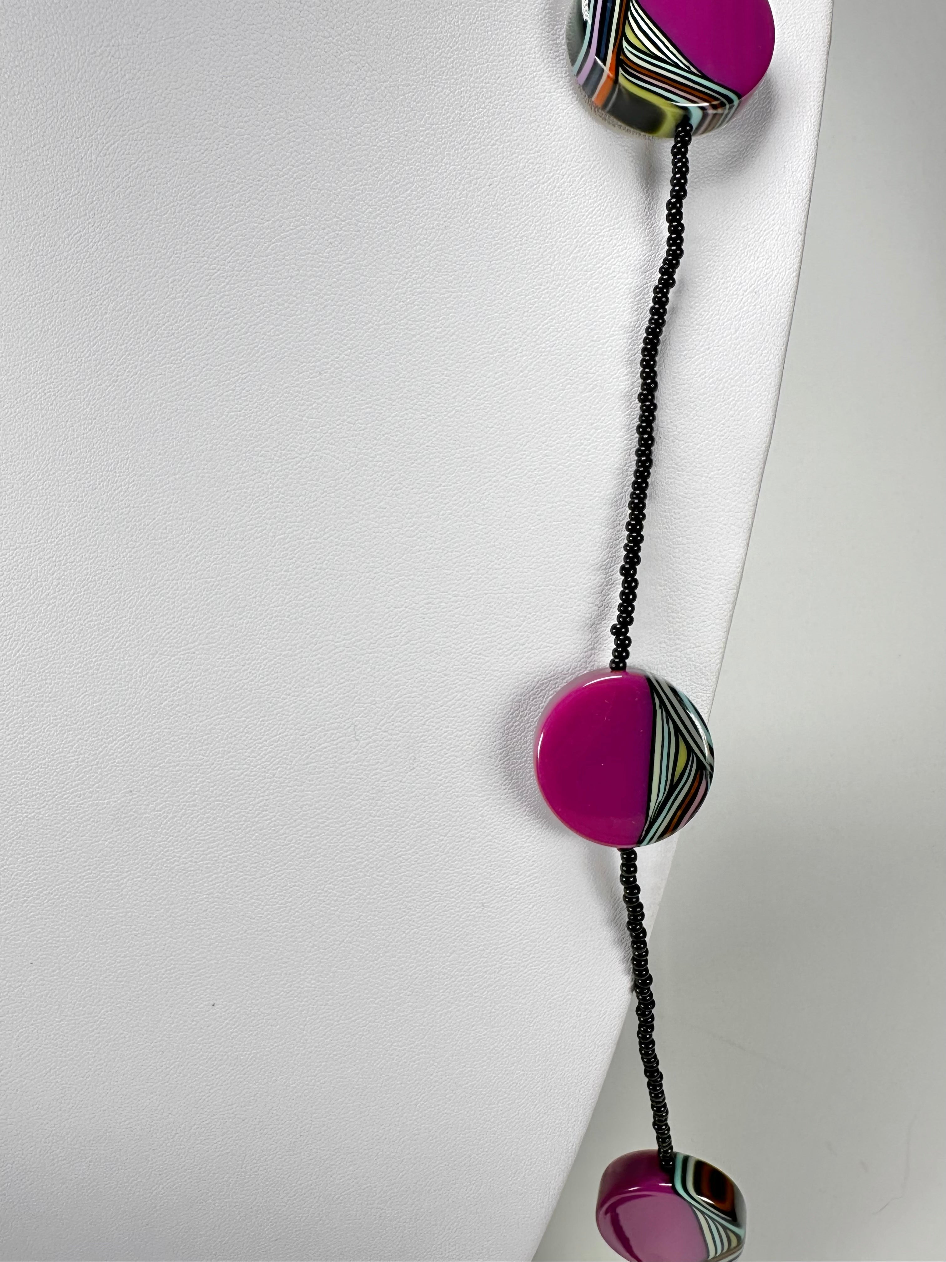 Jackie Brazil "Aida" Purple Swirls Discs With Beads Long Resin Necklace ( N3150 )
