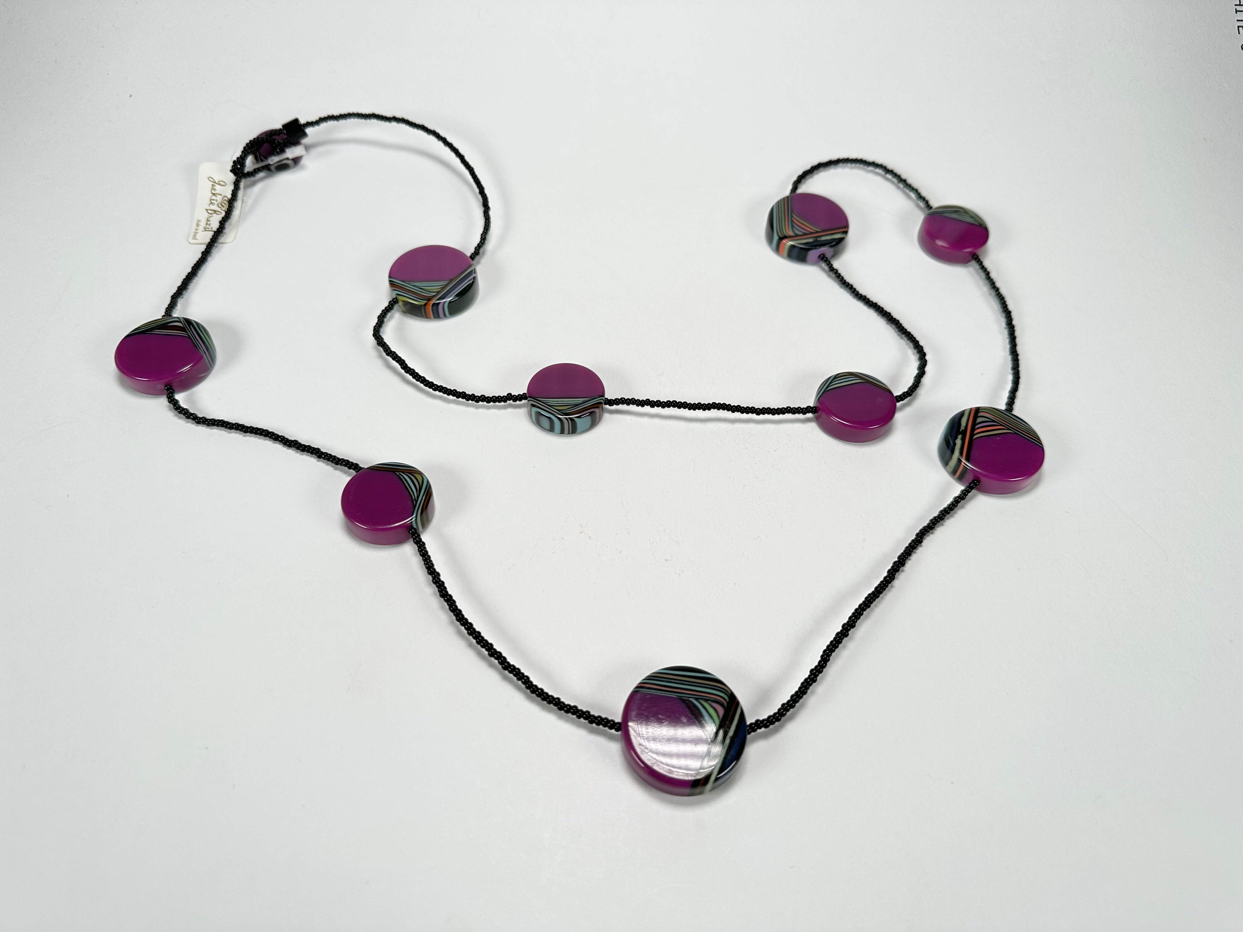 Jackie Brazil "Aida" Purple Swirls Discs With Beads Long Resin Necklace ( N3150 )