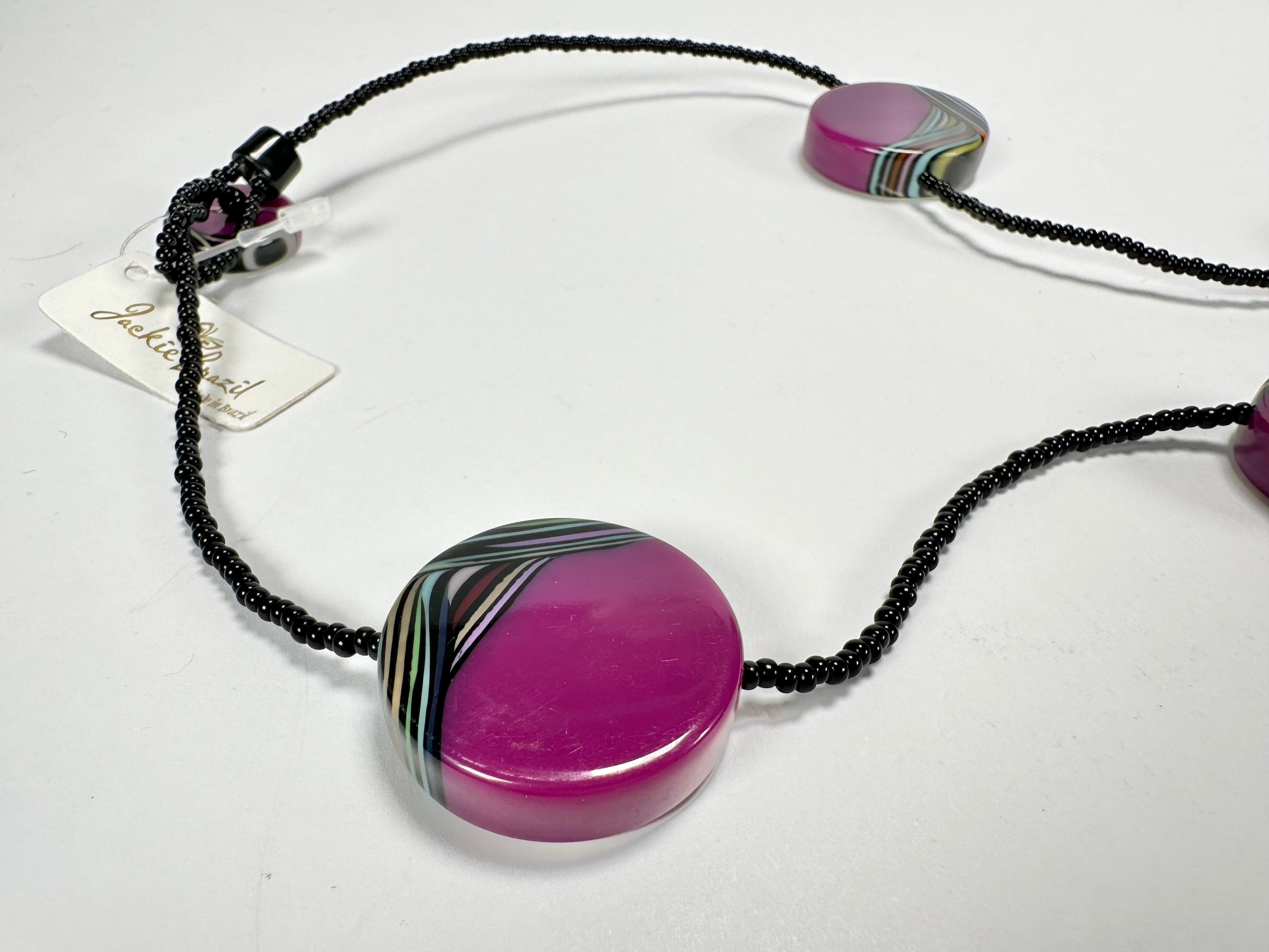 Jackie Brazil "Aida" Purple Swirls Discs With Beads Long Resin Necklace ( N3150 )