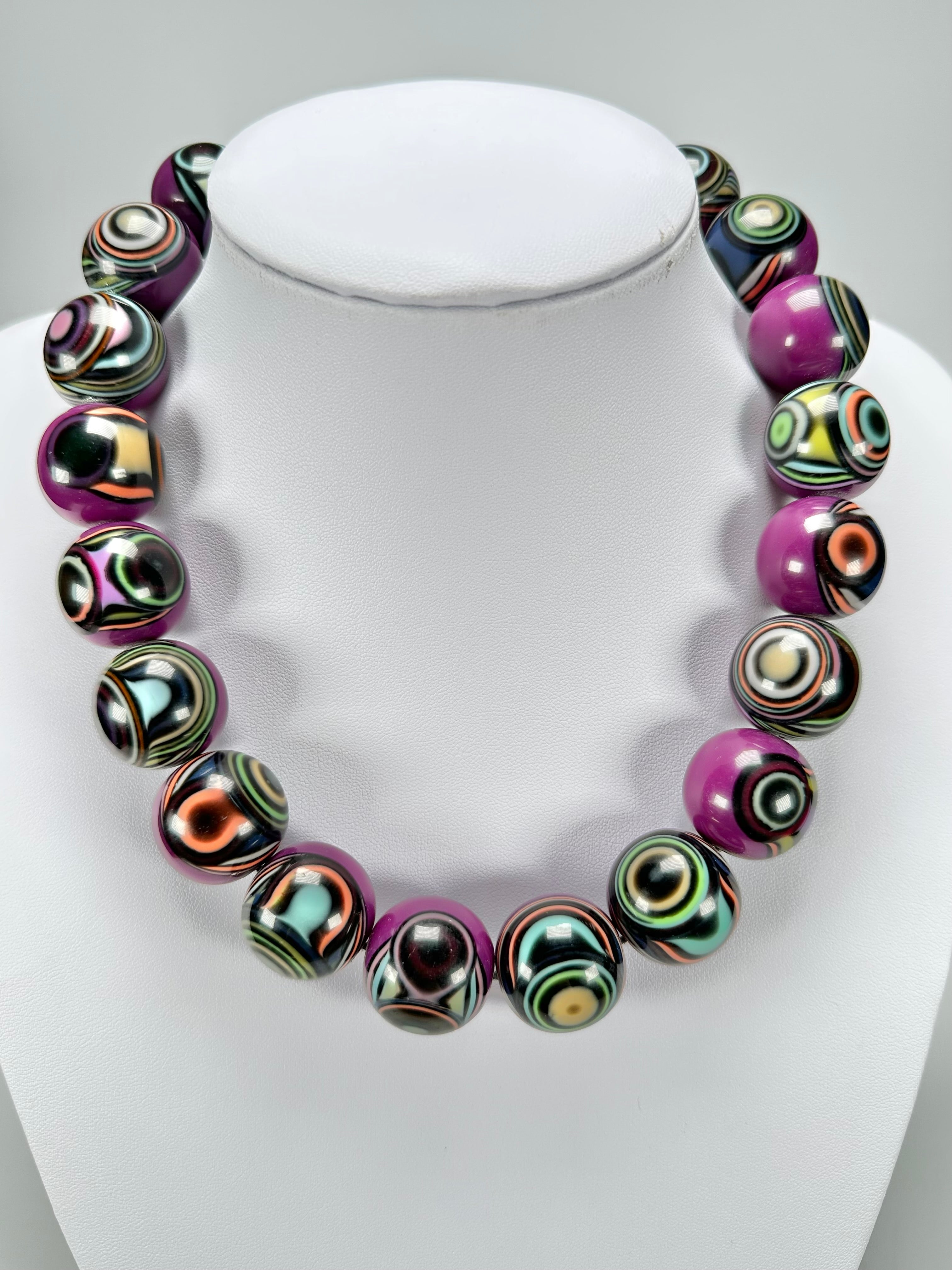 Jackie Brazil "Darning" Purple Swirls Balls With Cat Eyes Choker Resin Necklace ( N3200 )