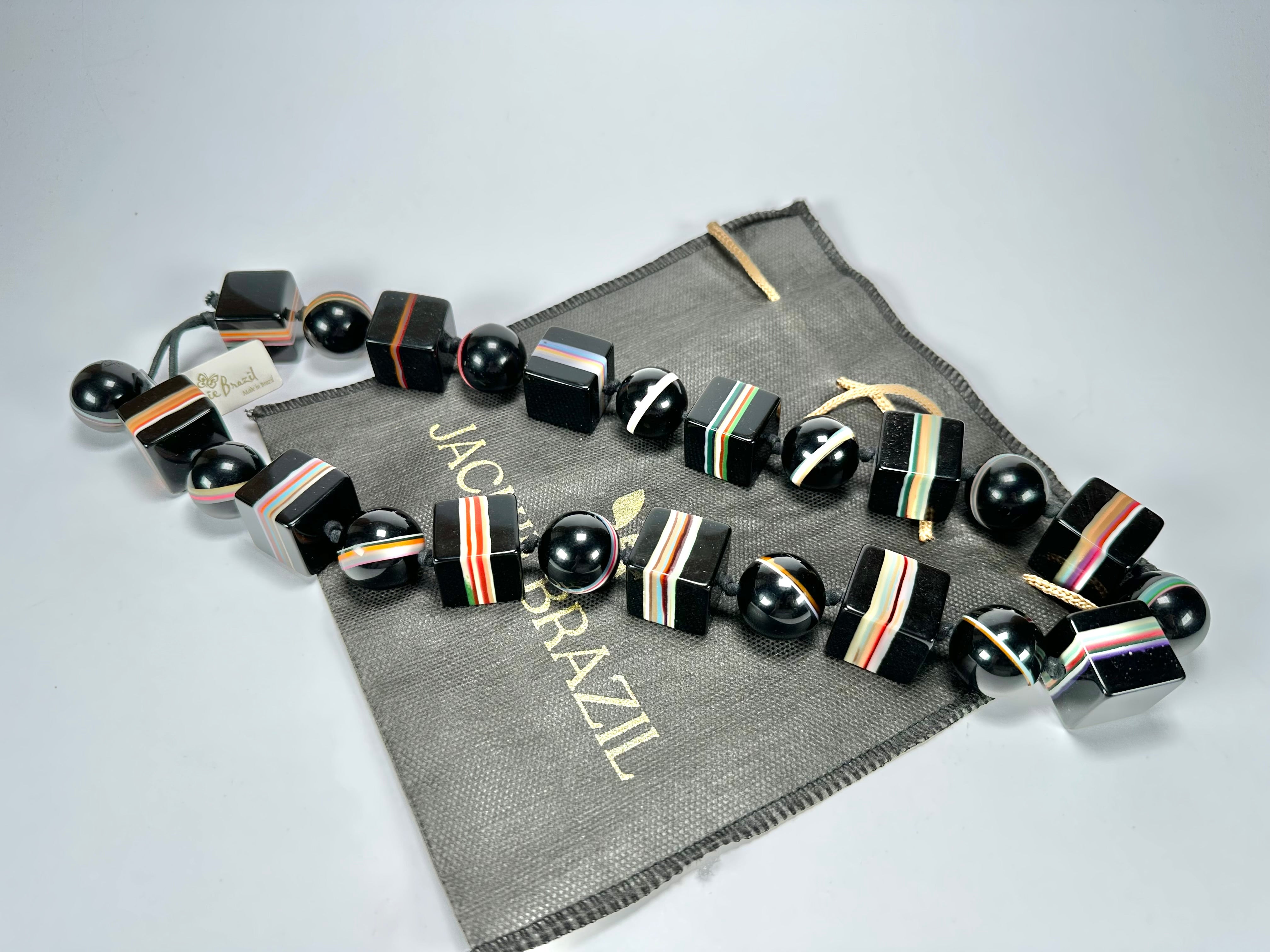 Jackie Brazil "Bar Code" Black & Mix Liquorice Squares & Balls 75cm Resin Necklace ( N2322 )
