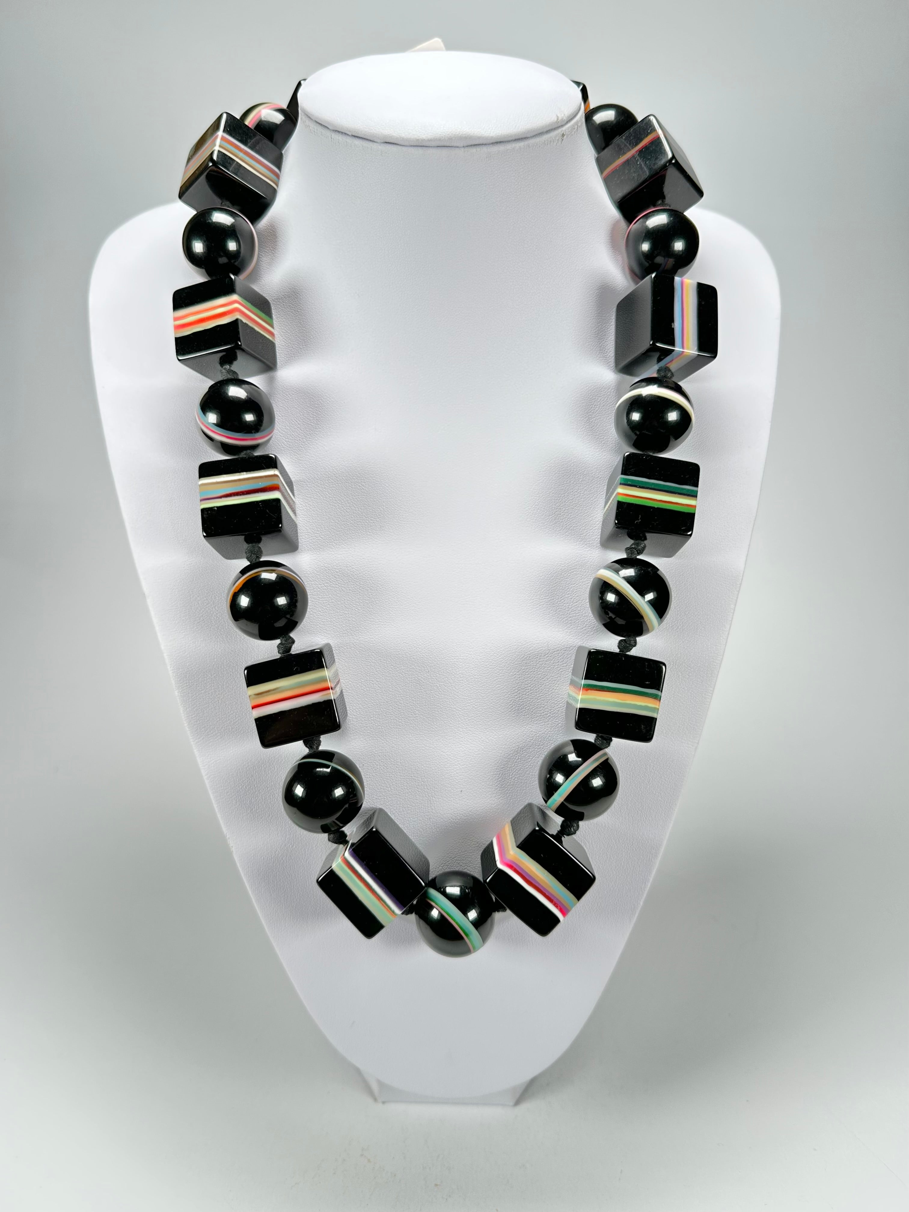 Jackie Brazil "Bar Code" Black & Mix Liquorice Squares & Balls 75cm Resin Necklace ( N2322 )