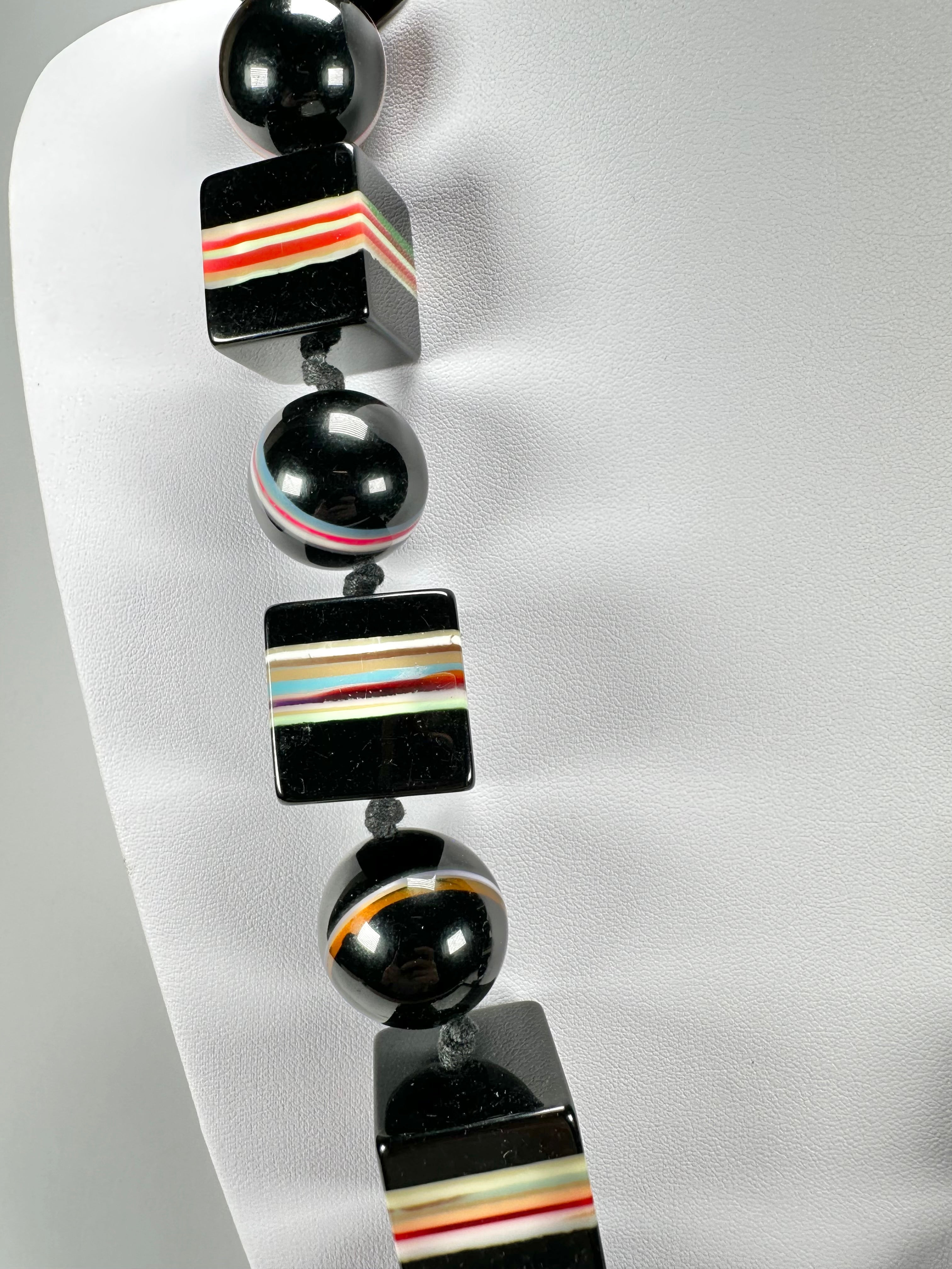 Jackie Brazil "Bar Code" Black & Mix Liquorice Squares & Balls 75cm Resin Necklace ( N2322 )