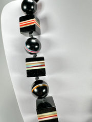 Jackie Brazil "Bar Code" Black & Mix Liquorice Squares & Balls 75cm Resin Necklace ( N2322 )