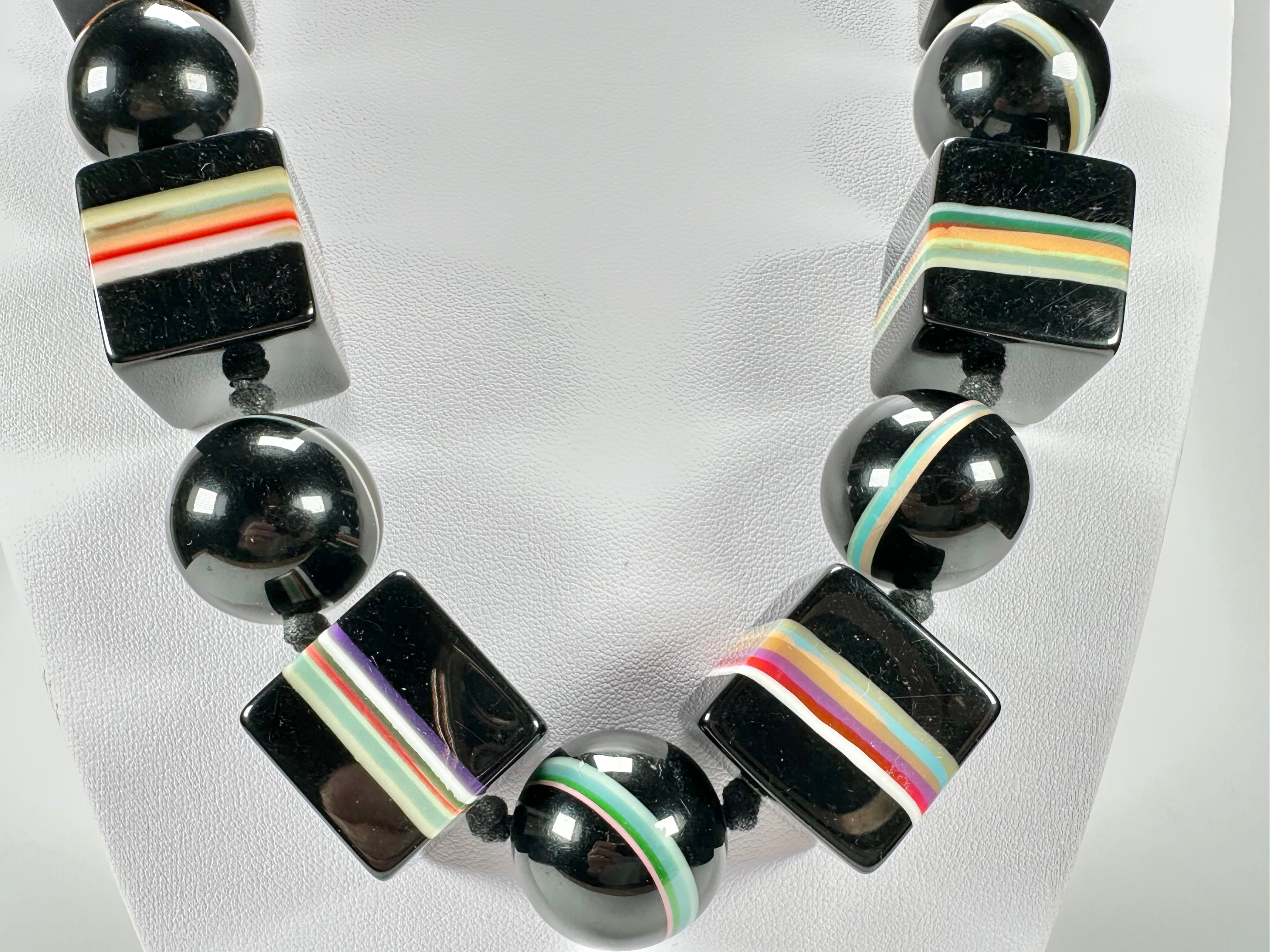 Jackie Brazil "Bar Code" Black & Mix Liquorice Squares & Balls 75cm Resin Necklace ( N2322 )