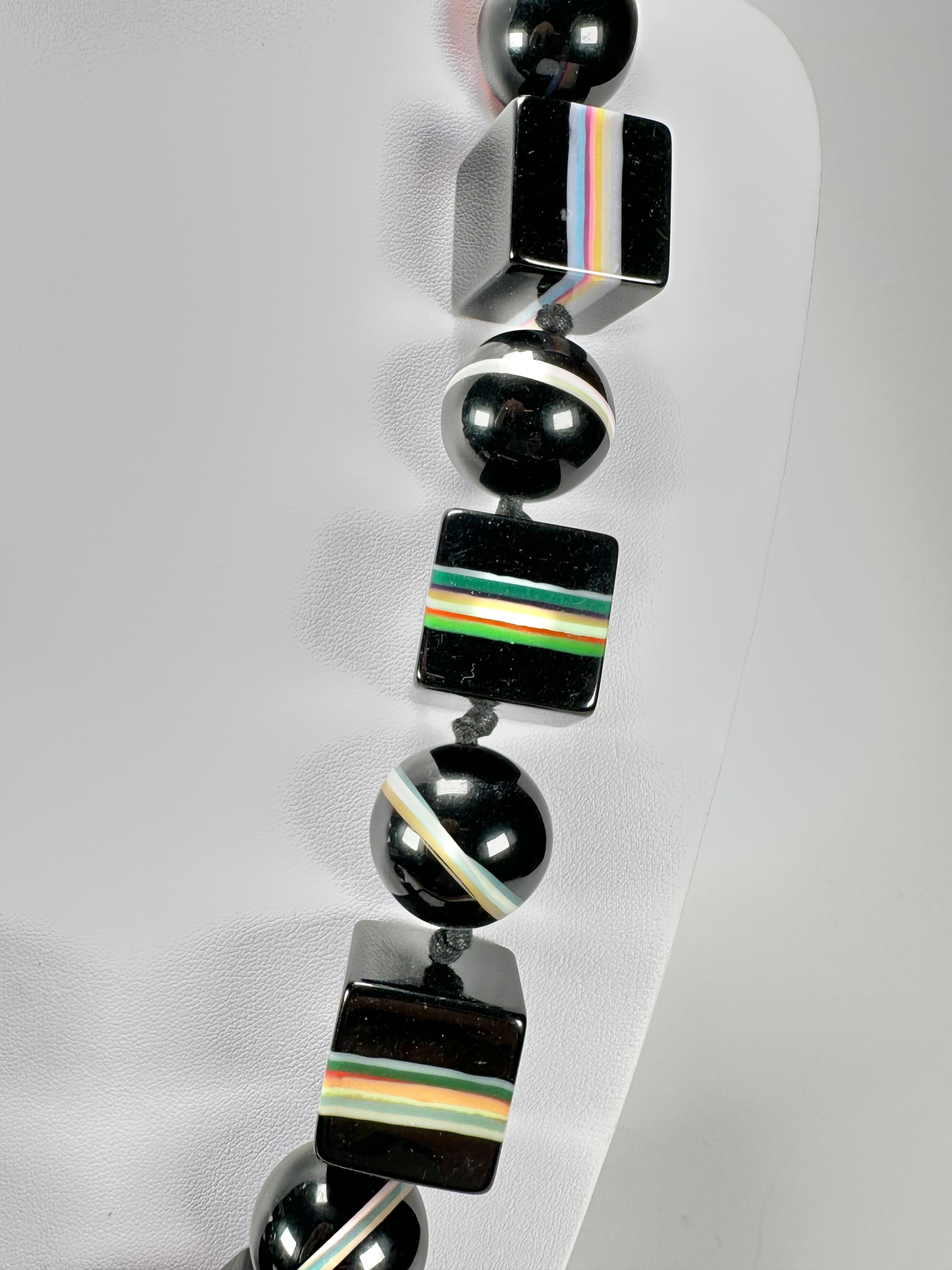 Jackie Brazil "Bar Code" Black & Mix Liquorice Squares & Balls 75cm Resin Necklace ( N2322 )