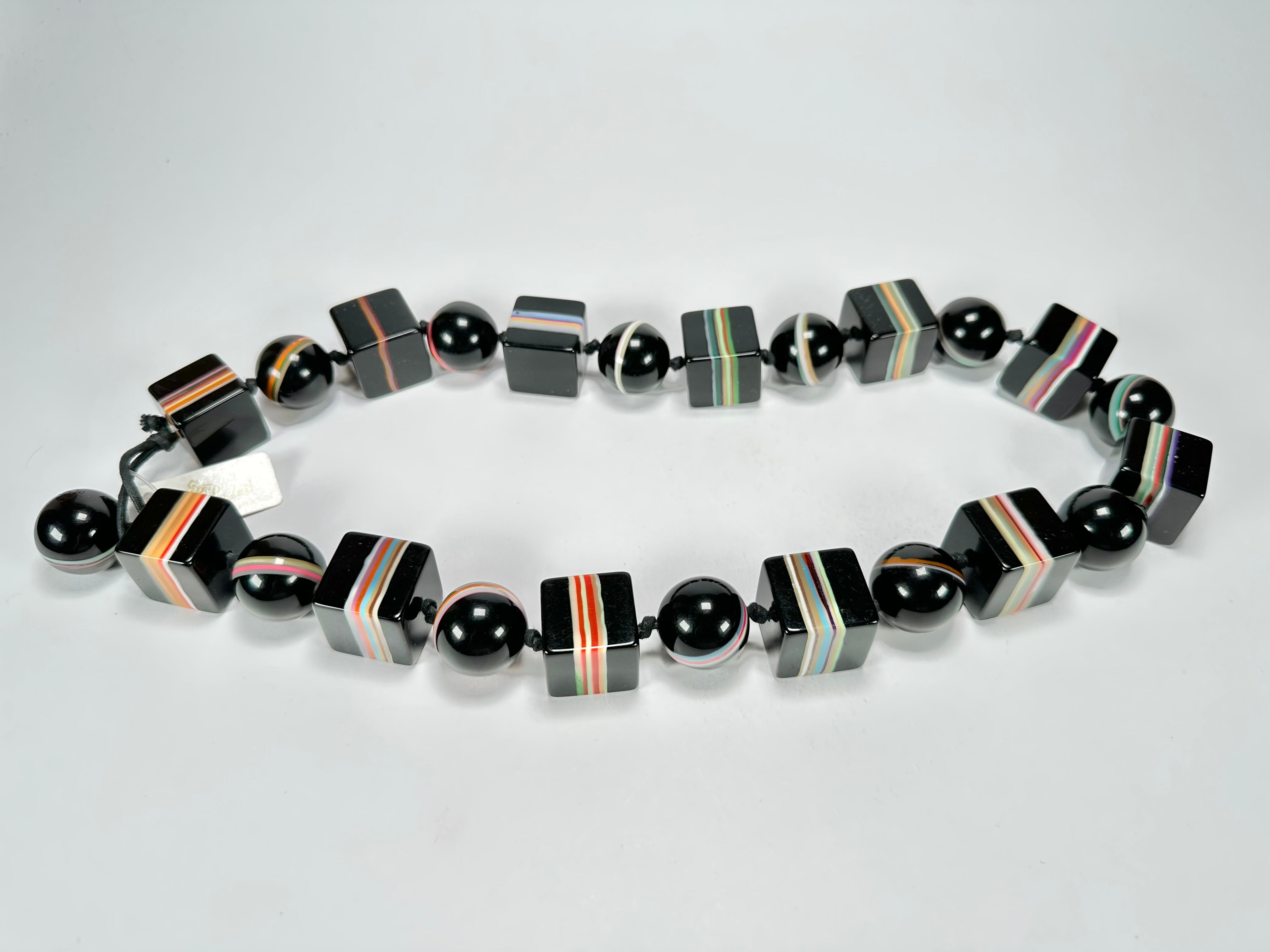 Jackie Brazil "Bar Code" Black & Mix Liquorice Squares & Balls 75cm Resin Necklace ( N2322 )