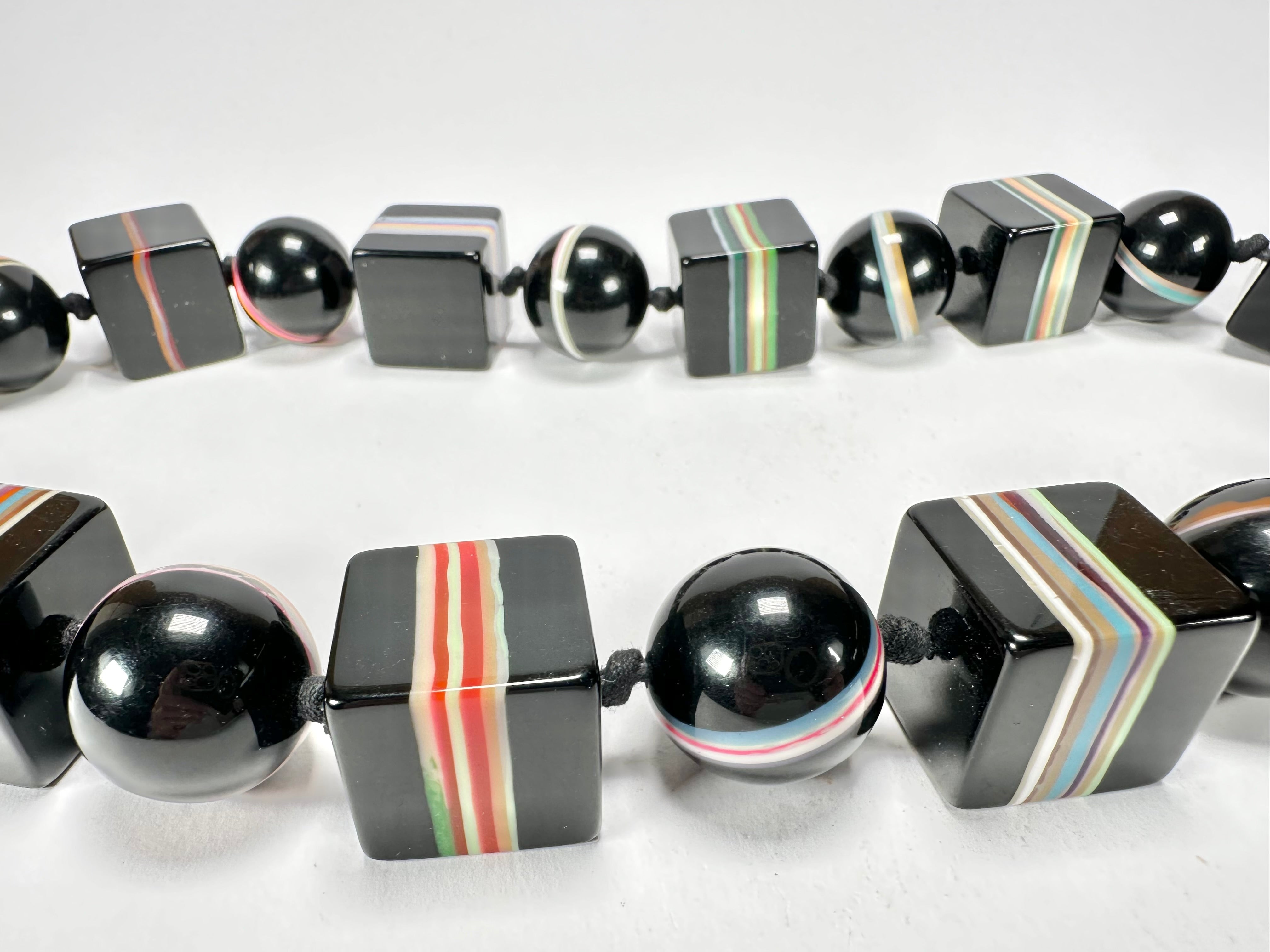 Jackie Brazil "Bar Code" Black & Mix Liquorice Squares & Balls 75cm Resin Necklace ( N2322 )