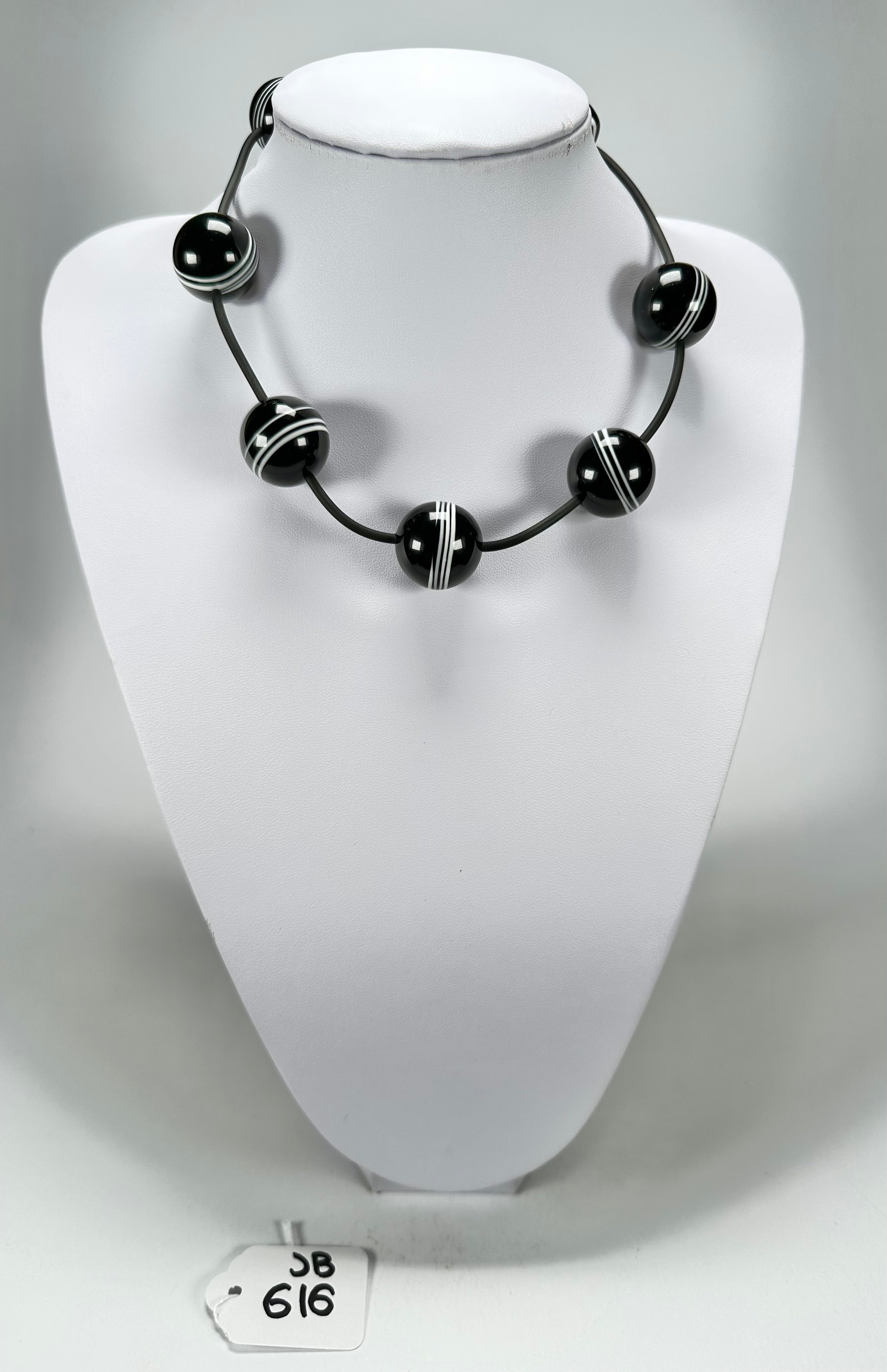 Jackie Brazil "Bar Code" Small Black & White Balls On Cord Resin Necklace ( N2230 )