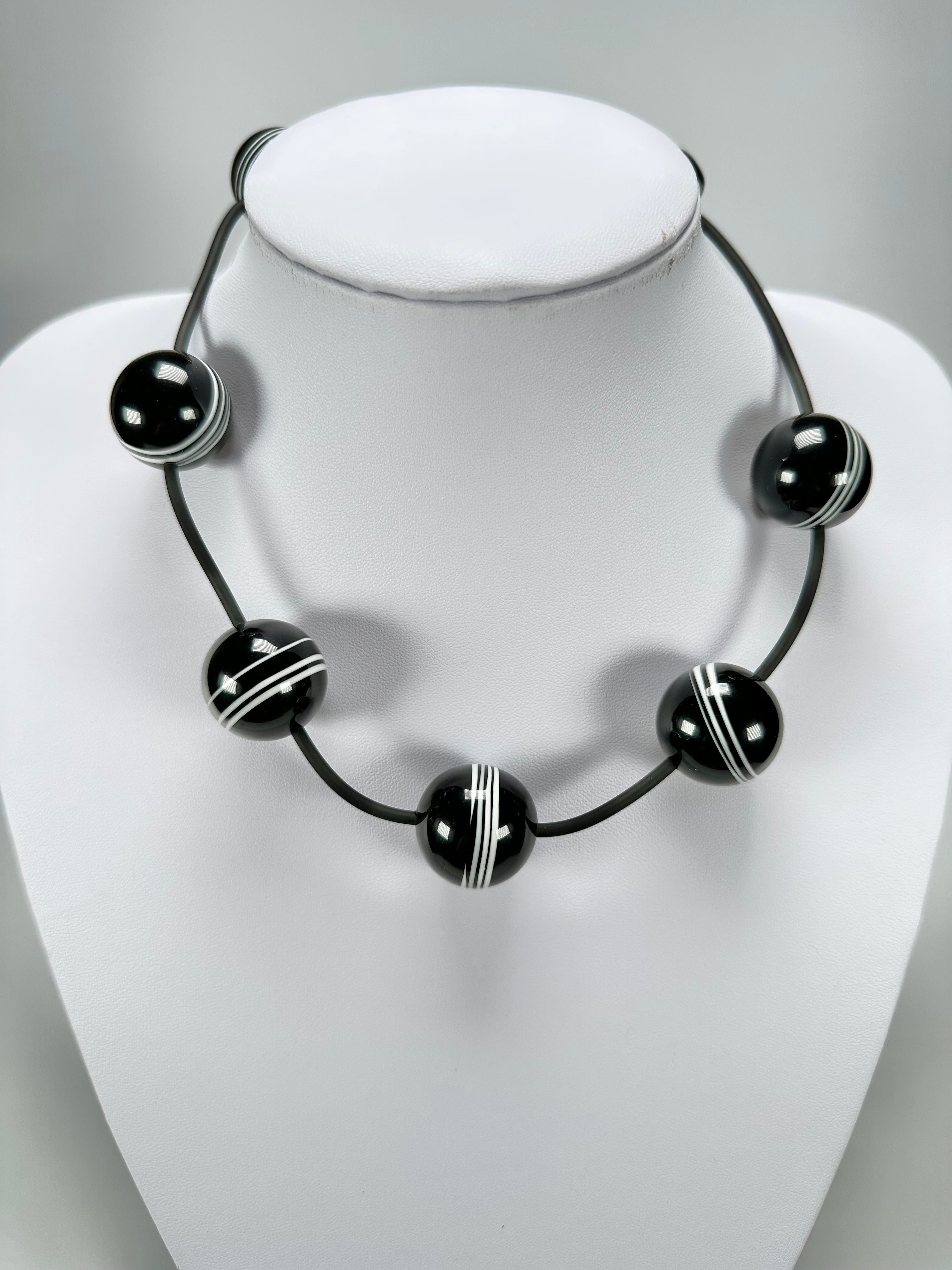 Jackie Brazil "Bar Code" Small Black & White Balls On Cord Resin Necklace ( N2230 )