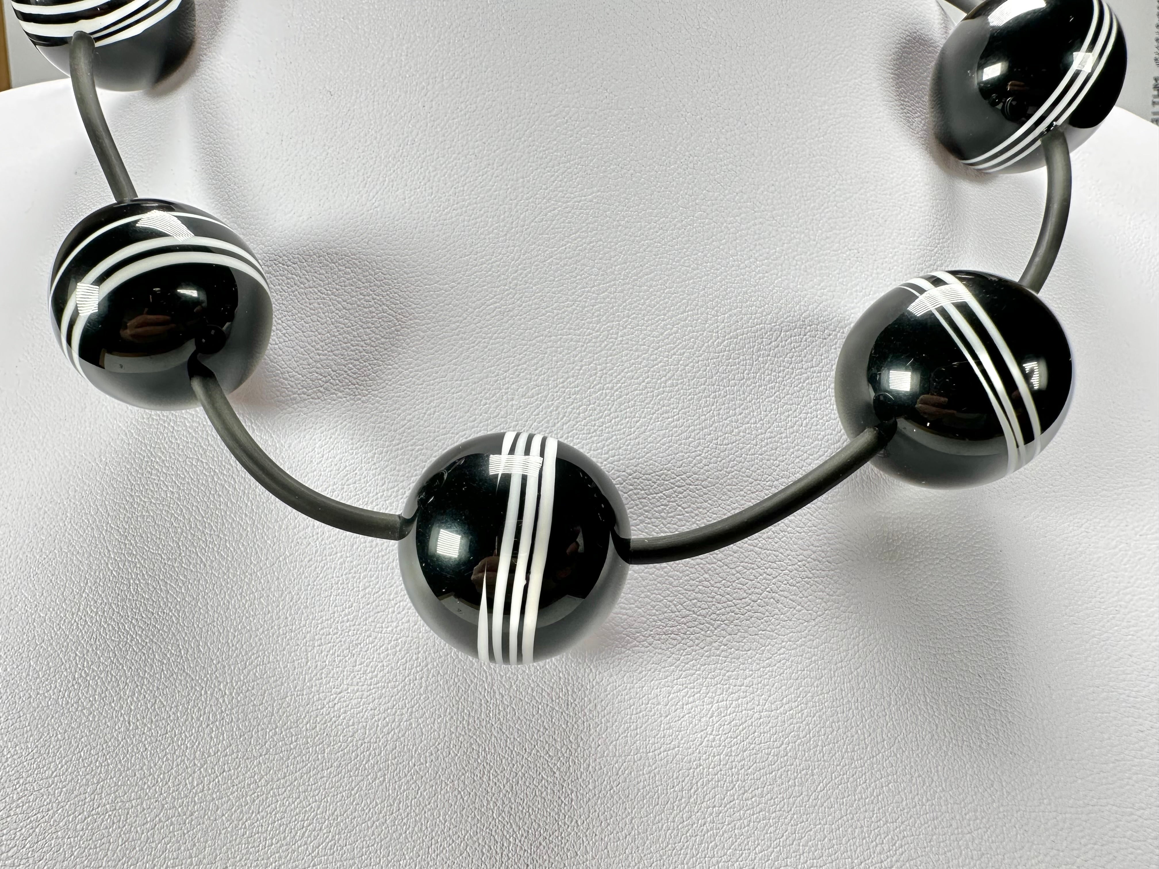 Jackie Brazil "Bar Code" Small Black & White Balls On Cord Resin Necklace ( N2230 )